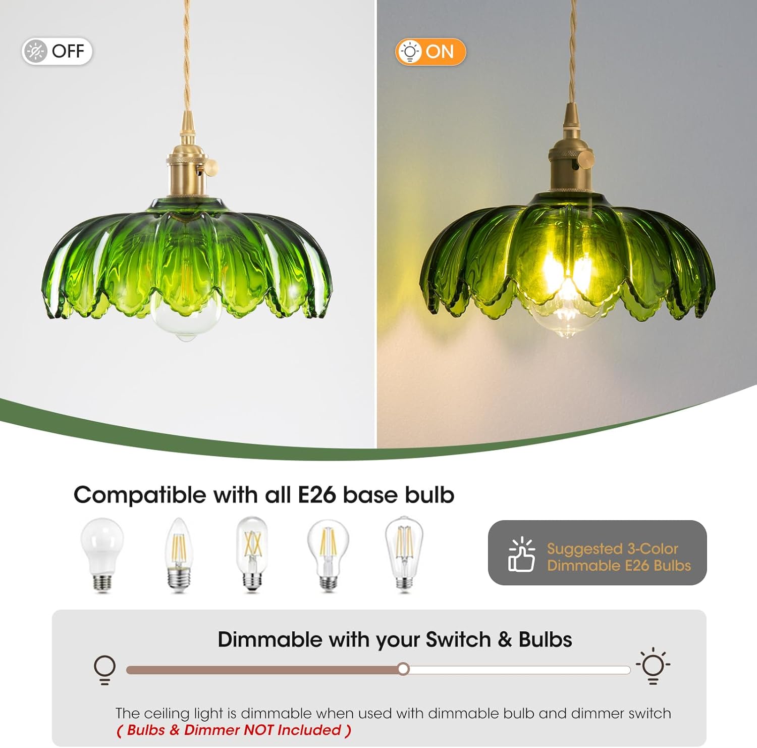Plug in Pendant Light, Hanging Lights with Plug in Cord, Hanging Light Fixture with Green Glass, E26 Pendant Lighting for Kitchen Island, Bedroom, Dining Room, Living Room