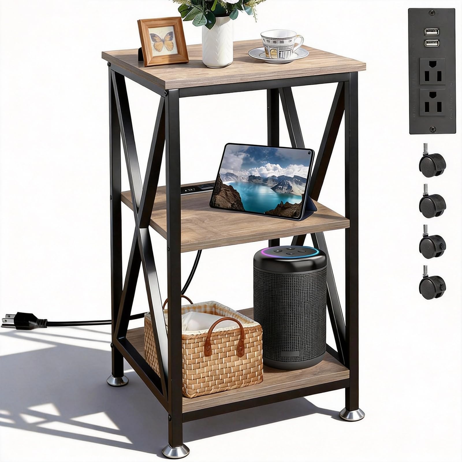 End Tables Living Room Set of 2, 16" D x 16" W x 24" H, Indoor End Tables Living Room with Storage Shelf, Square End Table Set of 2, X-Shaped Night Stands for Bedroom, Farmhouse Wood Side Tables