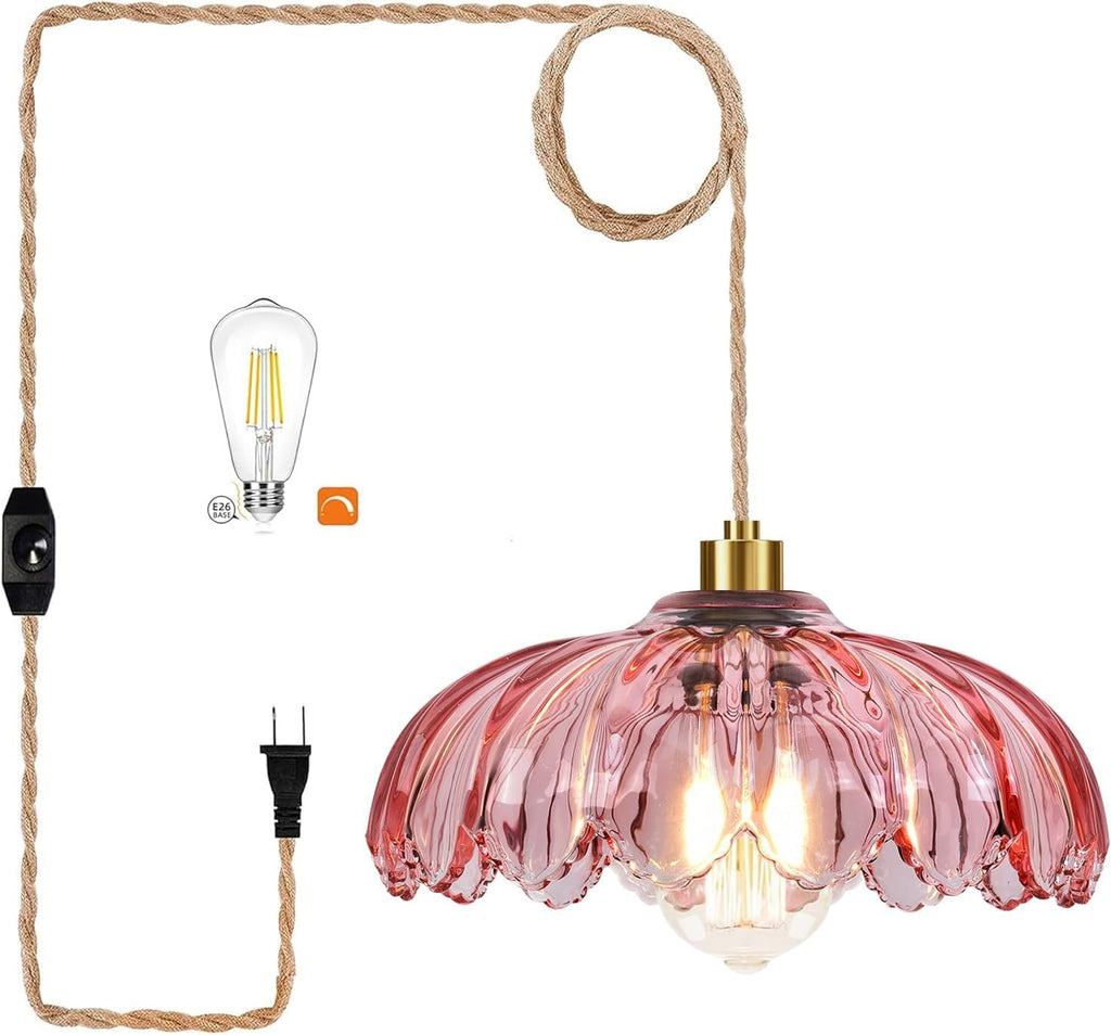 Pink Plug in Pendant Light Glass Hanging Lights with Plug in Cord Boho Hanging Lamp Gold Mid Century Modern Vintage Dimmable Flower Plug in Chandelier Ceiling Fixture for Living Room,Bedroom