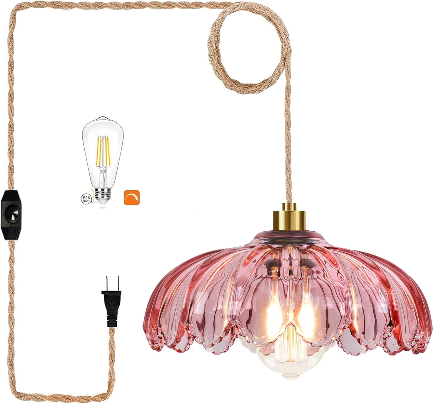 Pink Plug in Pendant Light Glass Hanging Lights with Plug in Cord Boho Hanging Lamp Gold Mid Century Modern Vintage Dimmable Flower Plug in Chandelier Ceiling Fixture for Living Room,Bedroom