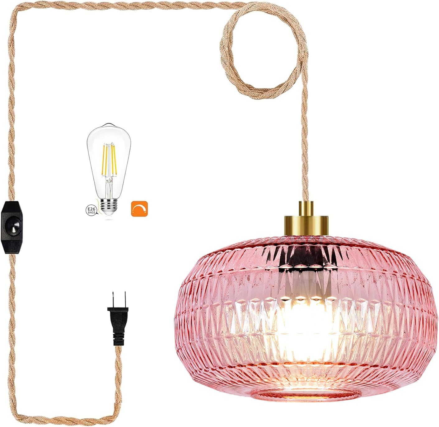 Pink Plug in Pendant Light Glass Hanging Lights with Plug in Cord Boho Hanging Lamp Gold Mid Century Modern Vintage Dimmable Flower Plug in Chandelier Ceiling Fixture for Living Room,Bedroom