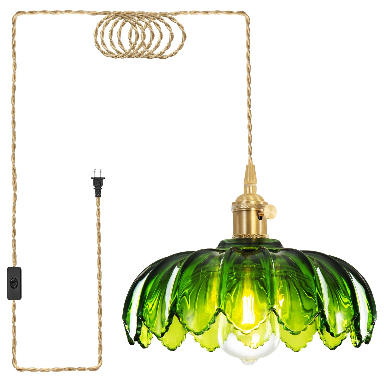 Plug in Pendant Light, Hanging Lights with Plug in Cord, Hanging Light Fixture with Green Glass, E26 Pendant Lighting for Kitchen Island, Bedroom, Dining Room, Living Room