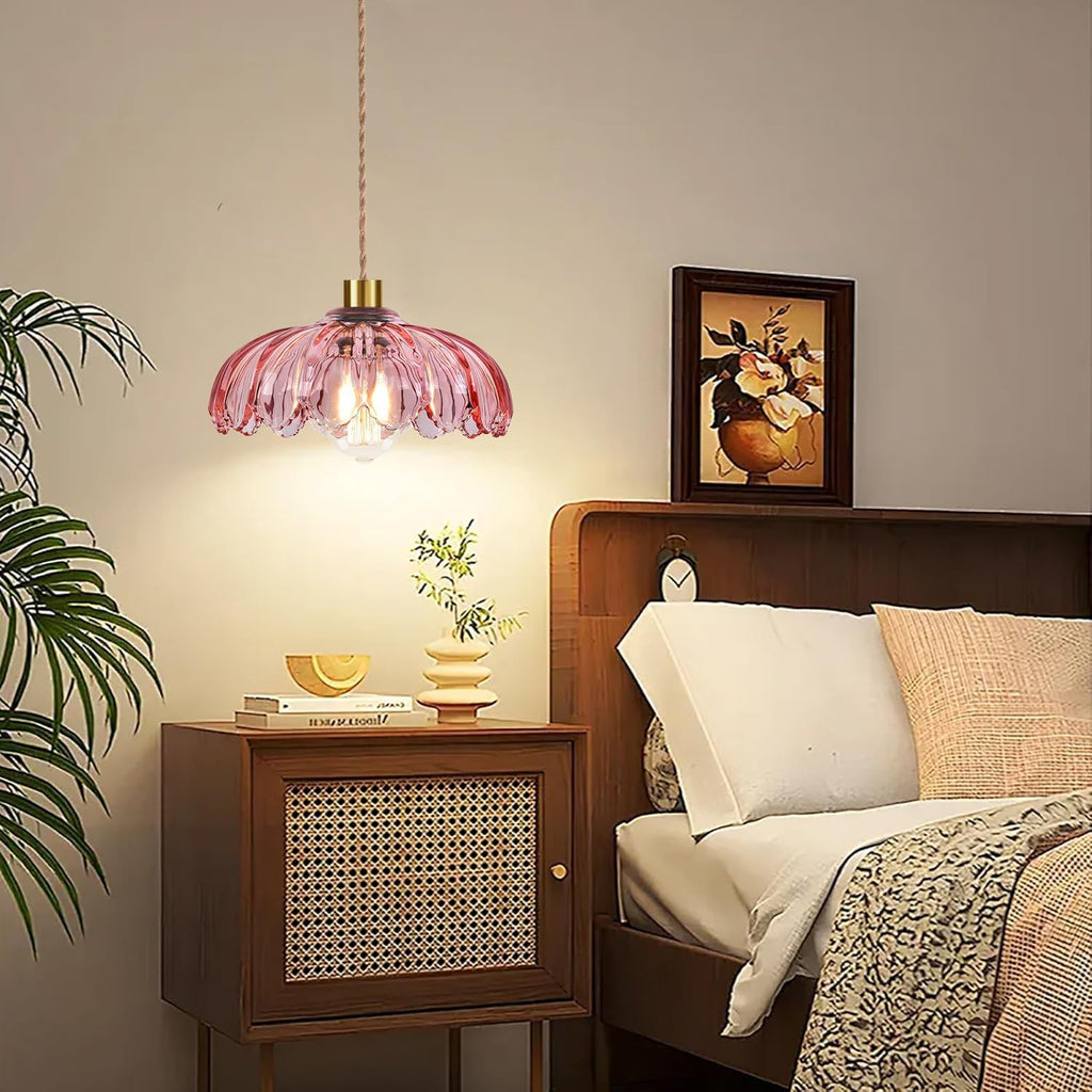 Pink Plug in Pendant Light Glass Hanging Lights with Plug in Cord Boho Hanging Lamp Gold Mid Century Modern Vintage Dimmable Flower Plug in Chandelier Ceiling Fixture for Living Room,Bedroom