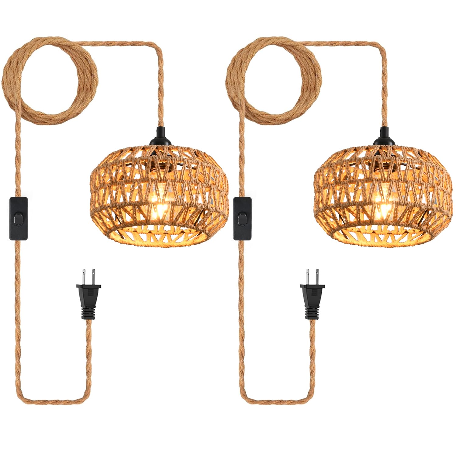 Plug in Pendant Light, Industrial Hanging Light with Plug in Cord Hemp Rope On/Off Switch Farmhouse Pendant Lamp with Plug in Cord, Vintage Hanging Lamps for Dining Room