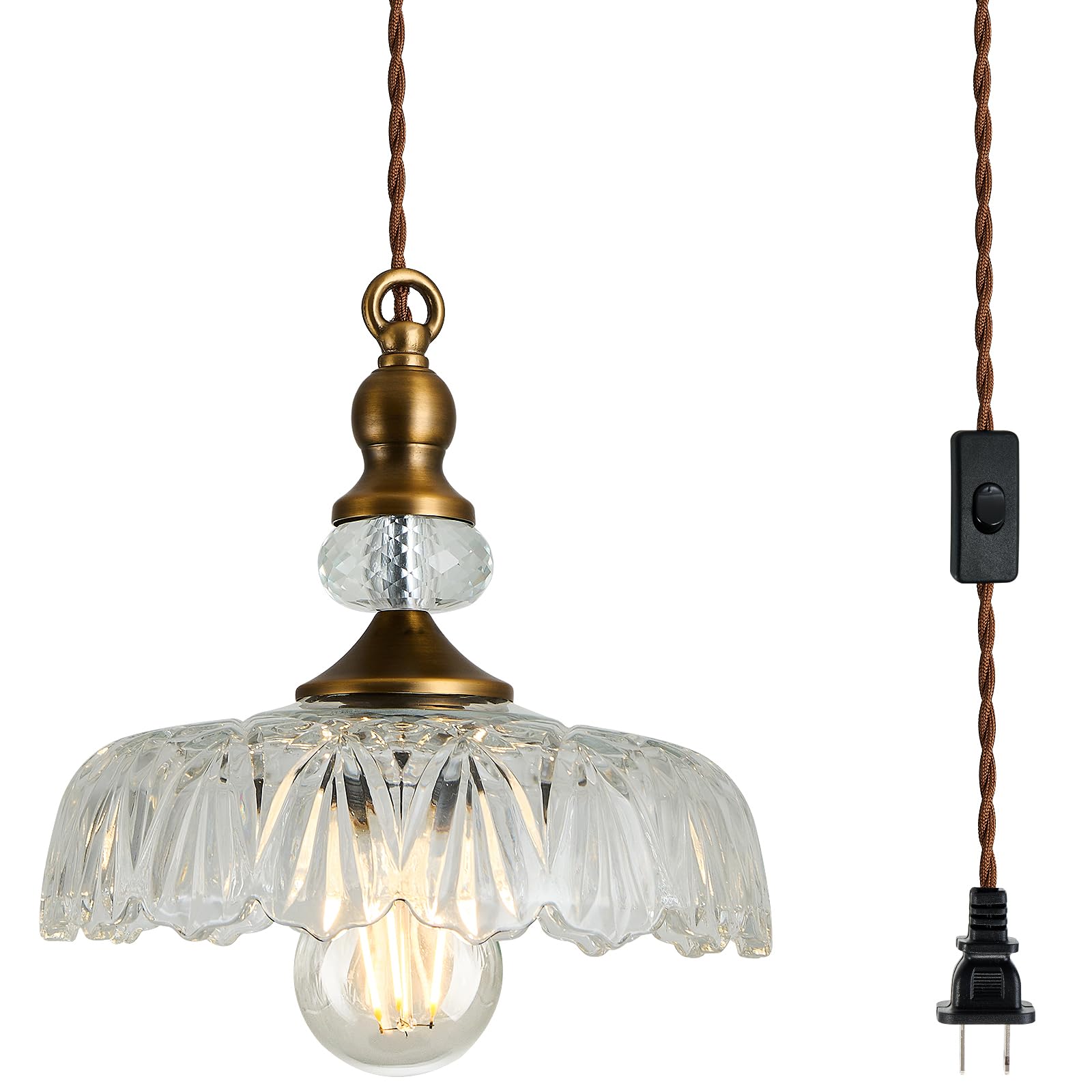 CVKASH Vintage Glass Pendant Light Fixture Brass Modern Adjustable Chandelier Farmhouse Hanging Light for Hallway Porch Kitchen Bedroom Coffee Shop Dining Room Island