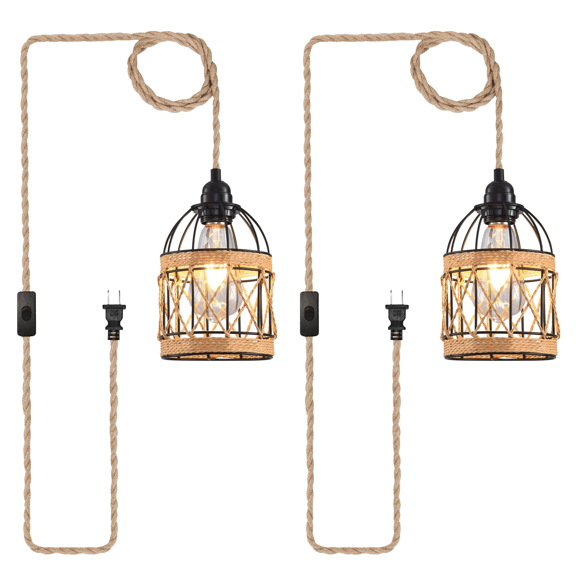 Plug in Pendant Light, Industrial Hanging Light with Plug in Cord Hemp Rope On/Off Switch Farmhouse Pendant Lamp with Plug in Cord, Vintage Hanging Lamps for Dining Room