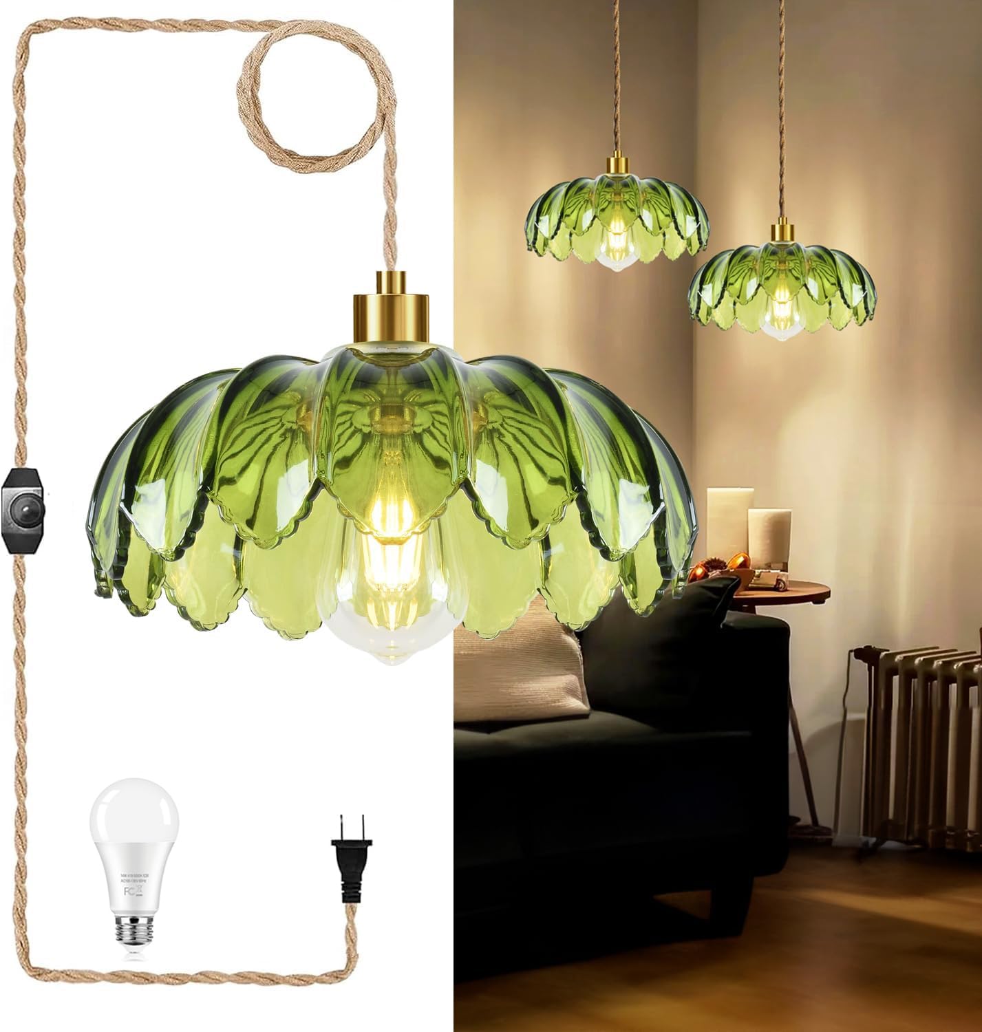 Pink Plug in Pendant Light Glass Hanging Lights with Plug in Cord Boho Hanging Lamp Gold Mid Century Modern Vintage Dimmable Flower Plug in Chandelier Ceiling Fixture for Living Room,Bedroom
