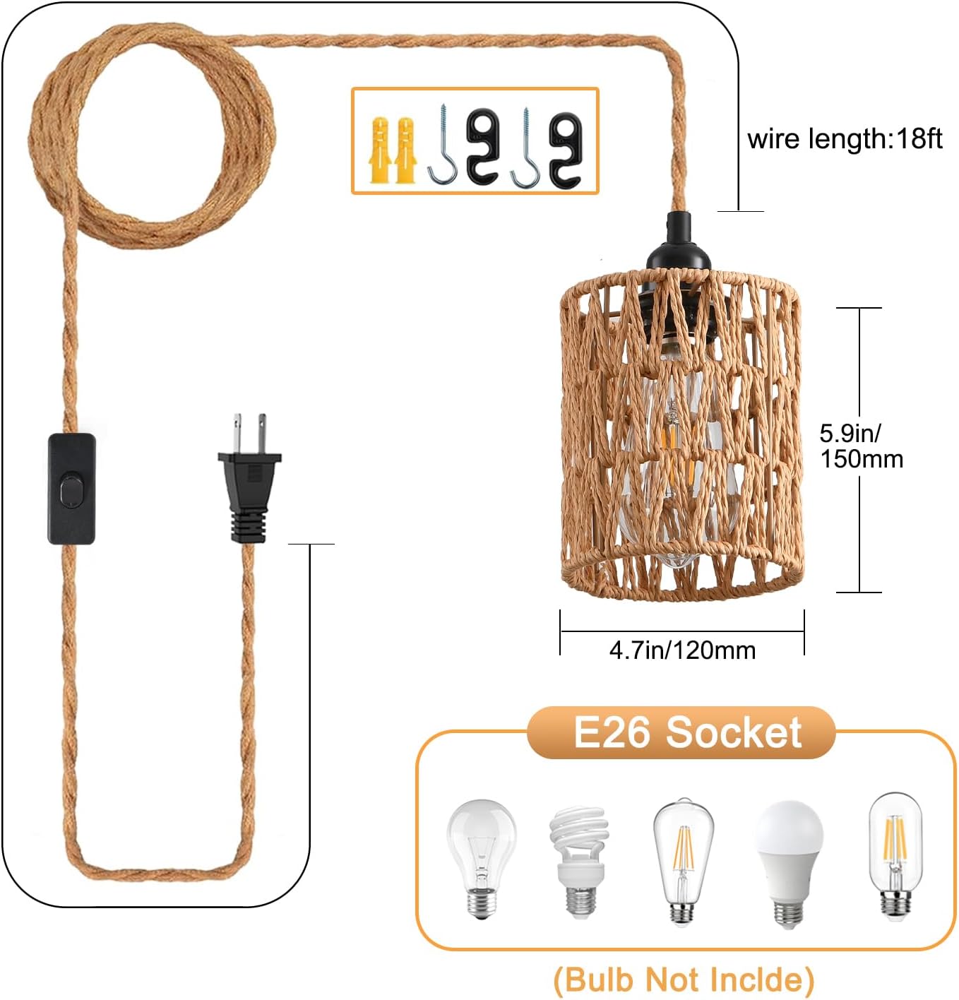Plug in Pendant Light, Industrial Hanging Light with Plug in Cord Hemp Rope On/Off Switch Farmhouse Pendant Lamp with Plug in Cord, Vintage Hanging Lamps for Dining Room