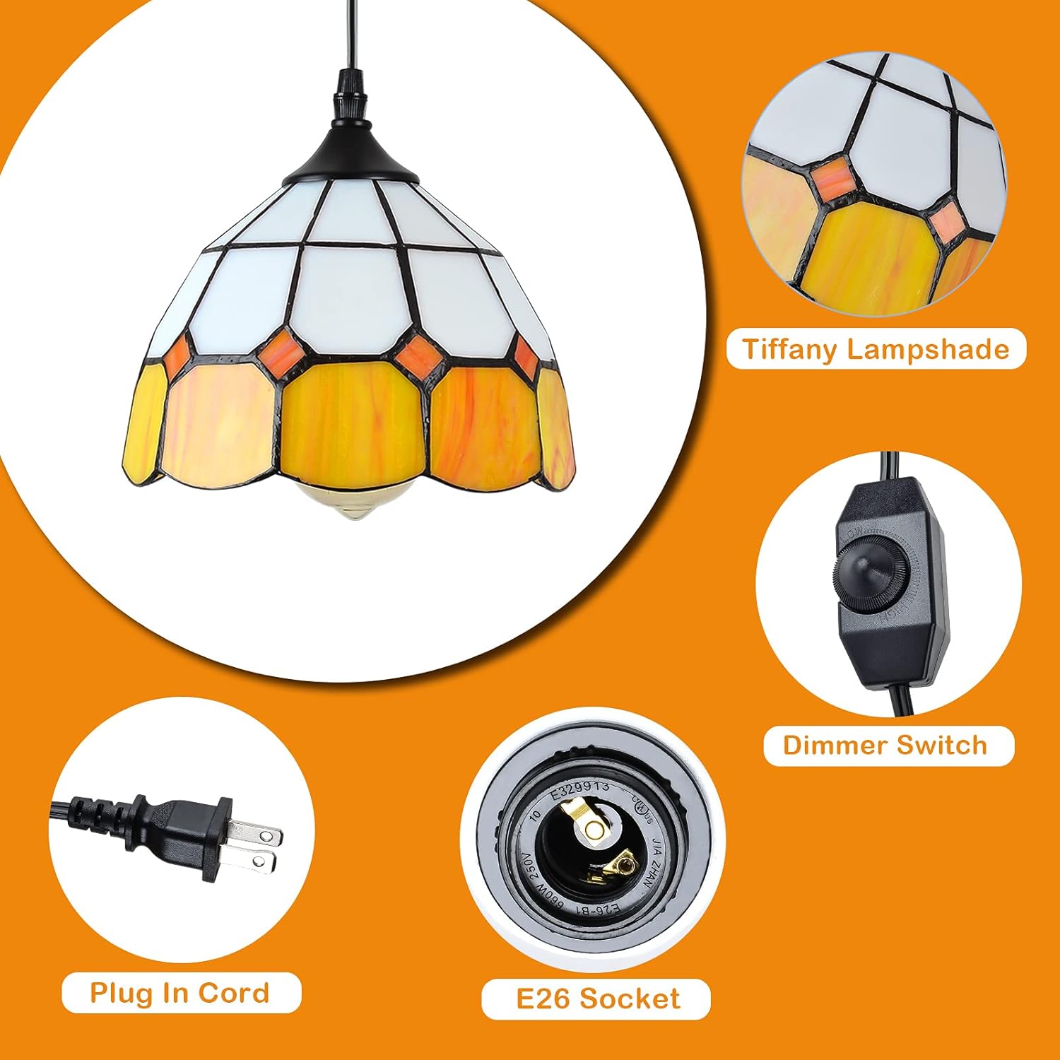 Tiffany Hanging Pendant Light - Dimmable Mini Plug in Light Fixture, Perfect Vintage Swag Ceiling Lamp for Dining Room, Bedroom or Porch,16.4 Ft Hanging Cord, 7.9" Width