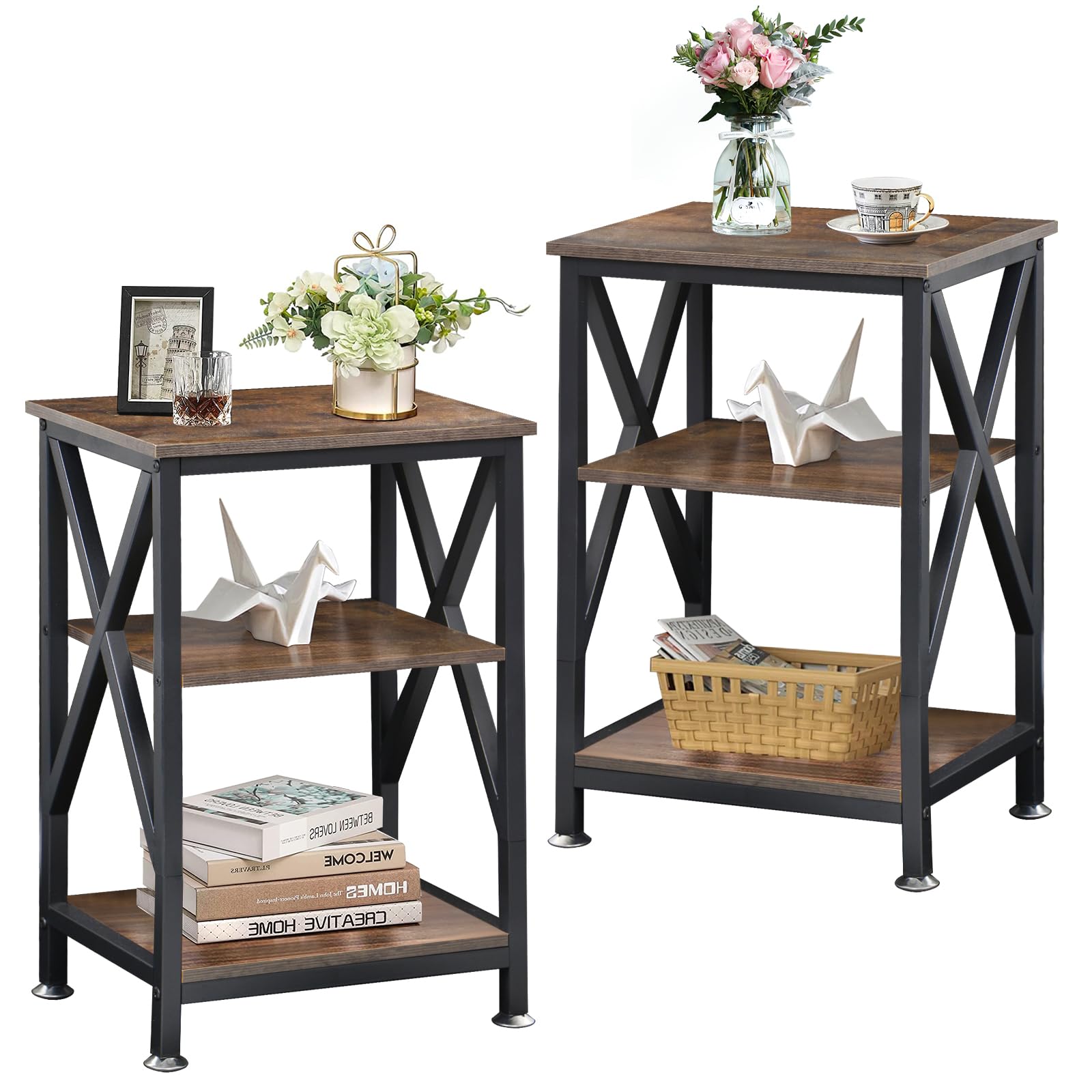 End Tables Living Room Set of 2, 16" D x 16" W x 24" H, Indoor End Tables Living Room with Storage Shelf, Square End Table Set of 2, X-Shaped Night Stands for Bedroom, Farmhouse Wood Side Tables