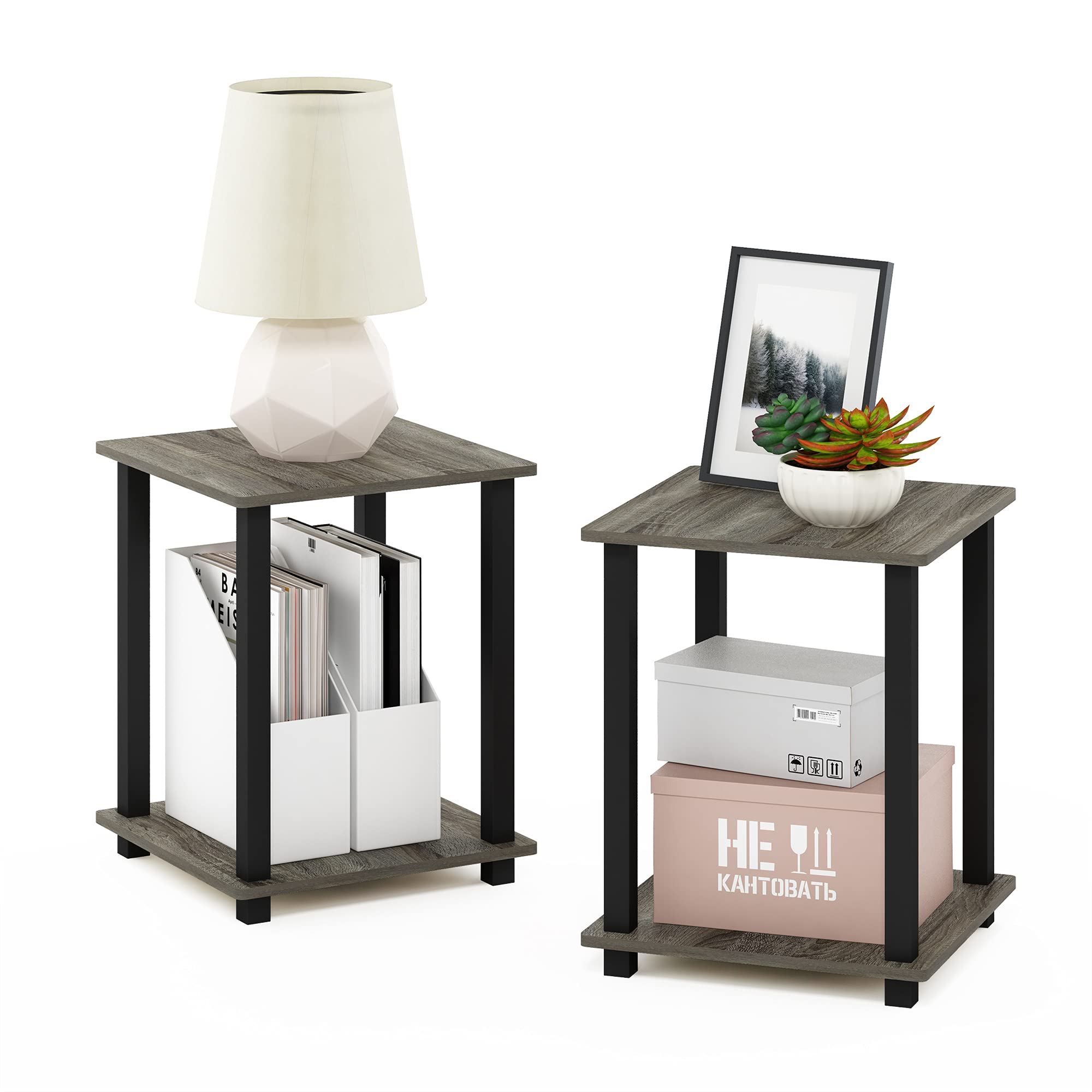 Furinno SIMPLISTIC Side Table Set of 2, 2-Tier Square Modern End Table, Nightstand, Night Stand, Bedside Table, Toolless Assembly, for Living Room, Bedroom, Espresso