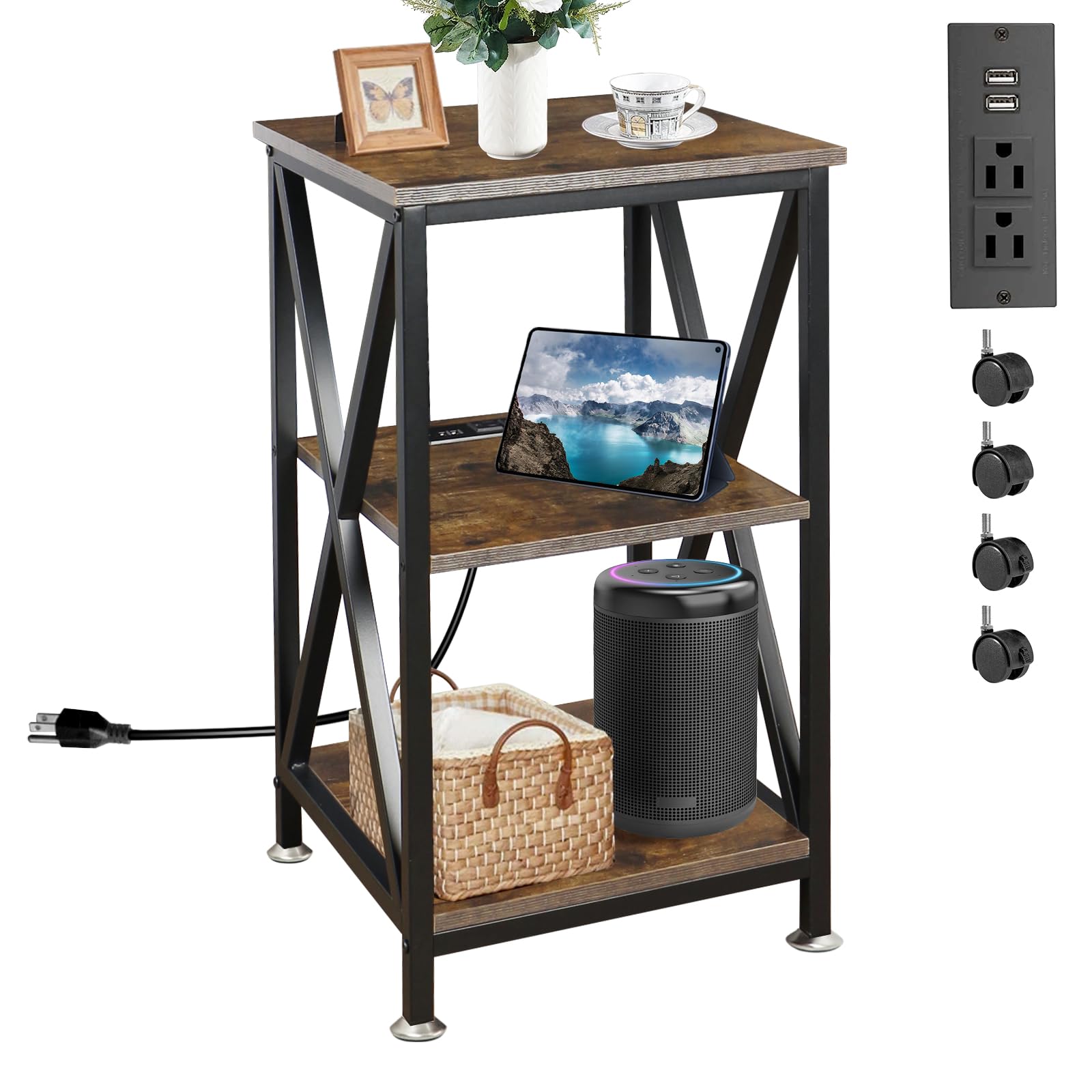 End Tables Living Room Set of 2, 16" D x 16" W x 24" H, Indoor End Tables Living Room with Storage Shelf, Square End Table Set of 2, X-Shaped Night Stands for Bedroom, Farmhouse Wood Side Tables