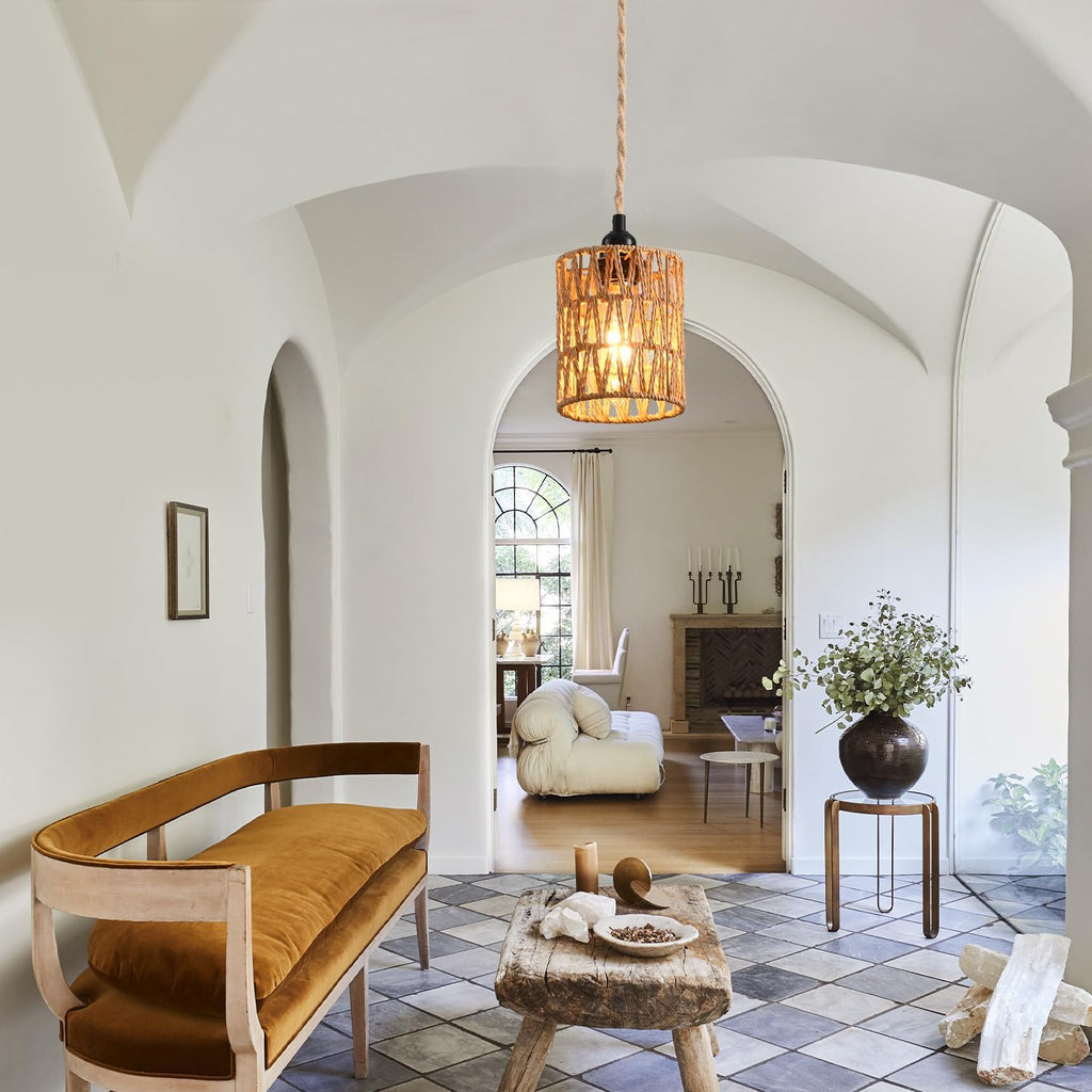 Plug in Pendant Light, Industrial Hanging Light with Plug in Cord Hemp Rope On/Off Switch Farmhouse Pendant Lamp with Plug in Cord, Vintage Hanging Lamps for Dining Room