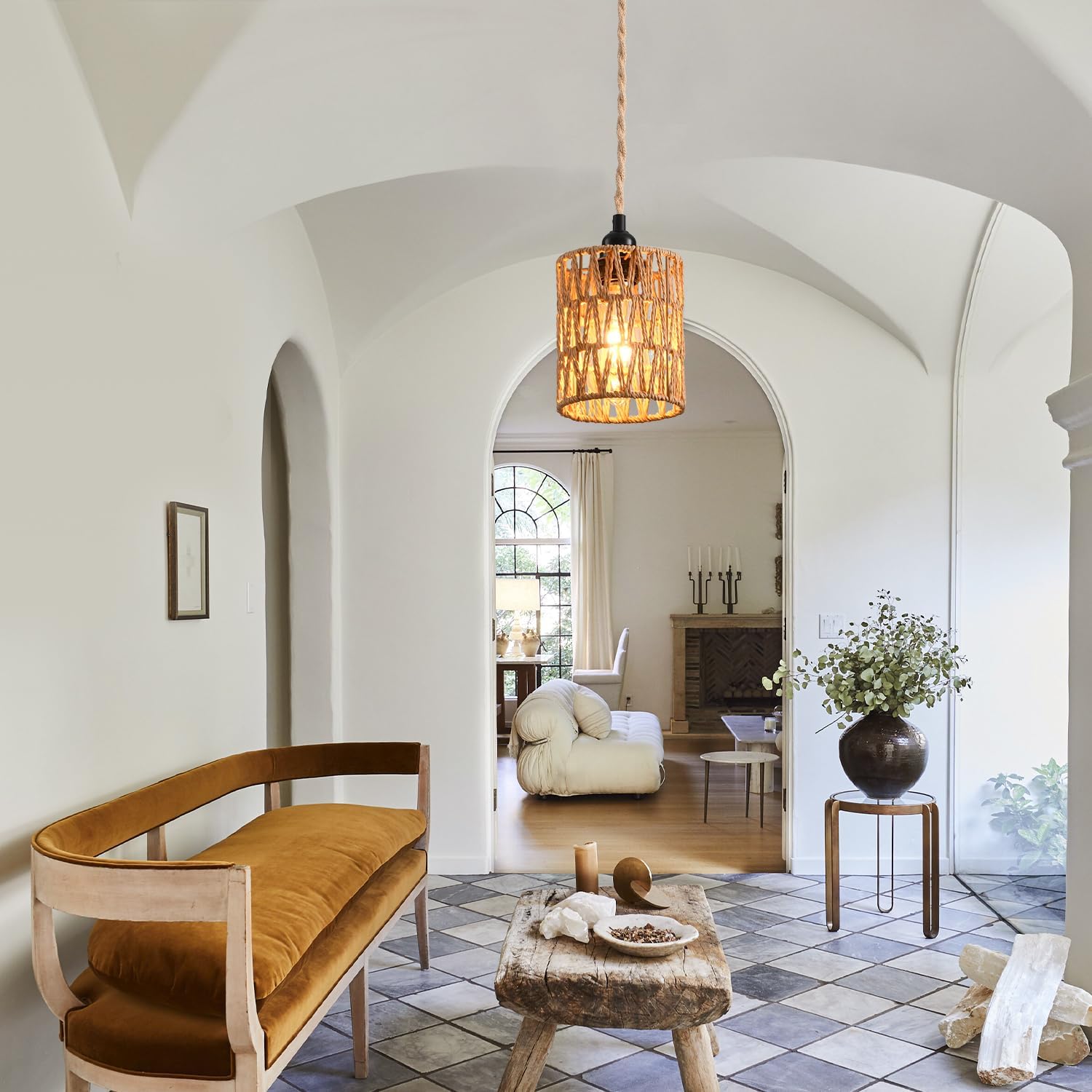 Plug in Pendant Light, Industrial Hanging Light with Plug in Cord Hemp Rope On/Off Switch Farmhouse Pendant Lamp with Plug in Cord, Vintage Hanging Lamps for Dining Room