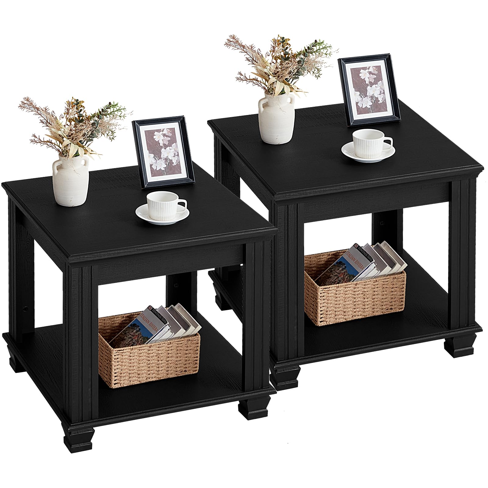 Farmhouse End Table Set of 2,Large Side Table with 2-Tier Storage Shelf,Rustic Brown End Tables for Living Room,Square Tea Table,Walnut