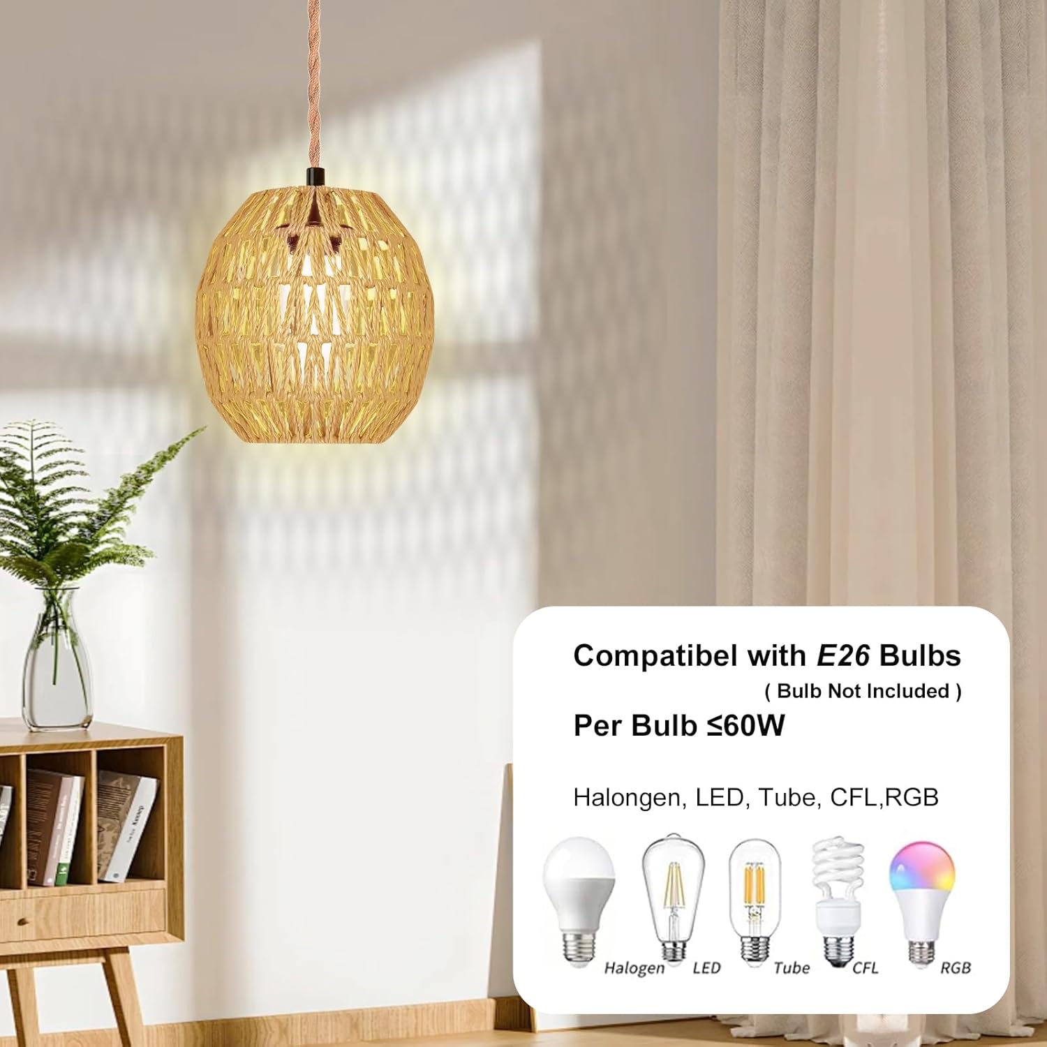 Hanging Lamps Rattan Pendant Light Hanging Lights 16.4ft Plug in Cord Pendant Light Fixture Plug Into Wall Outlet Pendant Lighting with On Off Switch for Bedroom Living (Egg Shade)