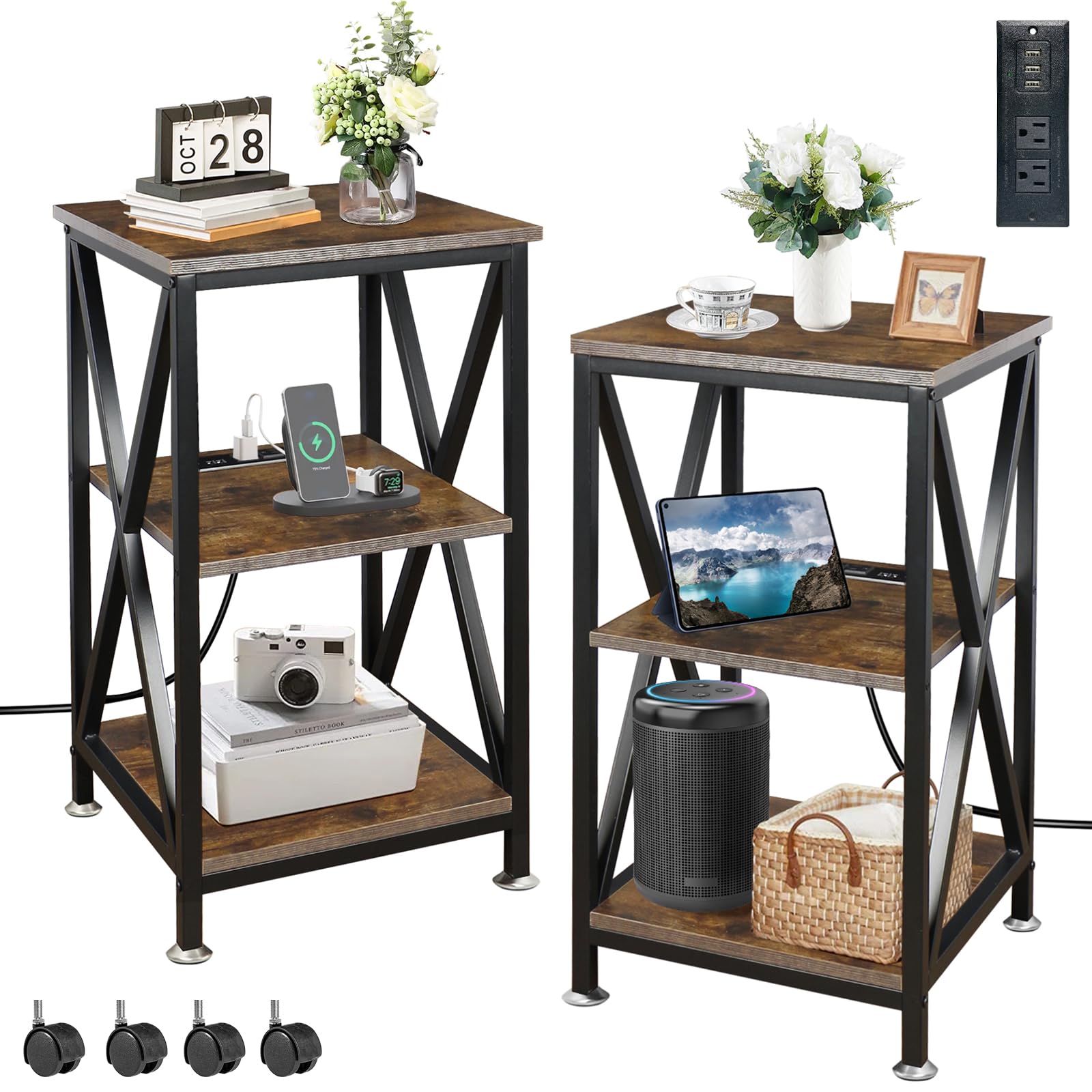 End Tables Living Room Set of 2, 16" D x 16" W x 24" H, Indoor End Tables Living Room with Storage Shelf, Square End Table Set of 2, X-Shaped Night Stands for Bedroom, Farmhouse Wood Side Tables