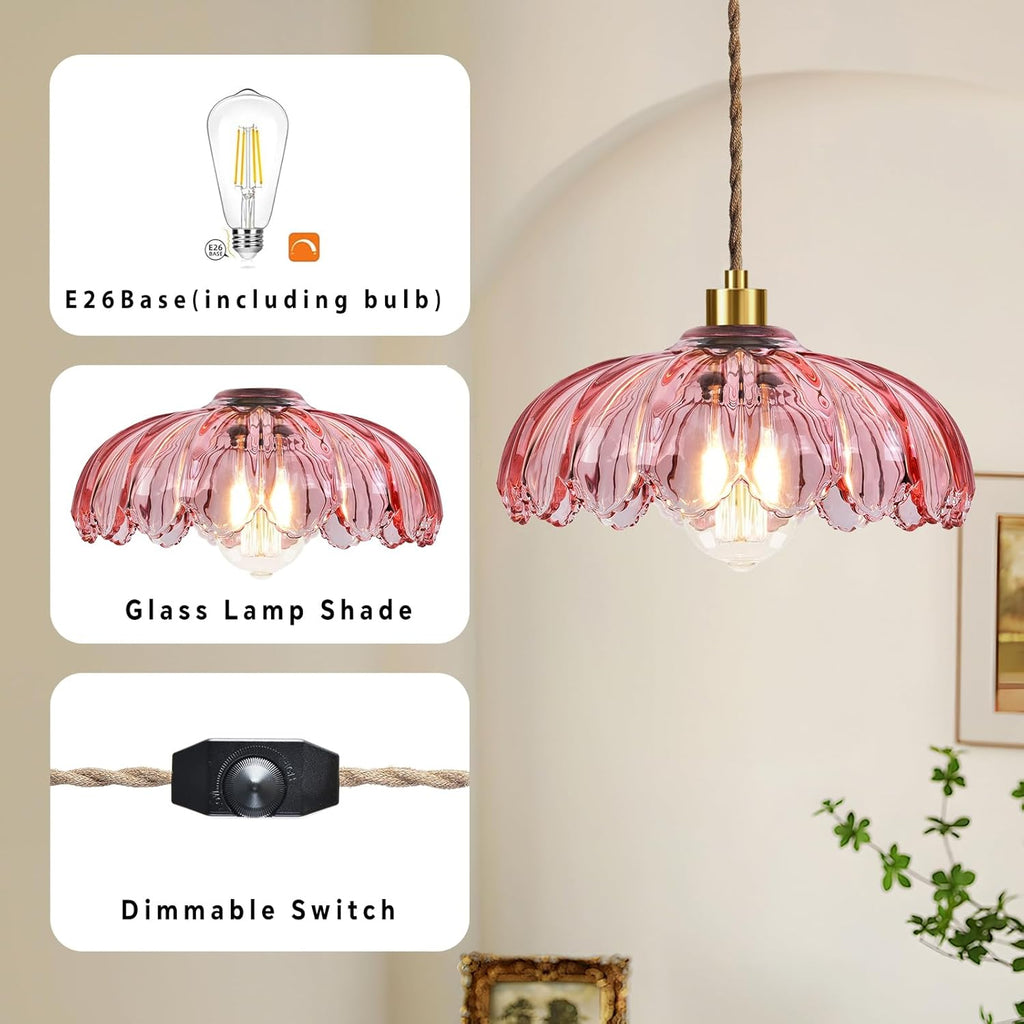 Pink Plug in Pendant Light Glass Hanging Lights with Plug in Cord Boho Hanging Lamp Gold Mid Century Modern Vintage Dimmable Flower Plug in Chandelier Ceiling Fixture for Living Room,Bedroom