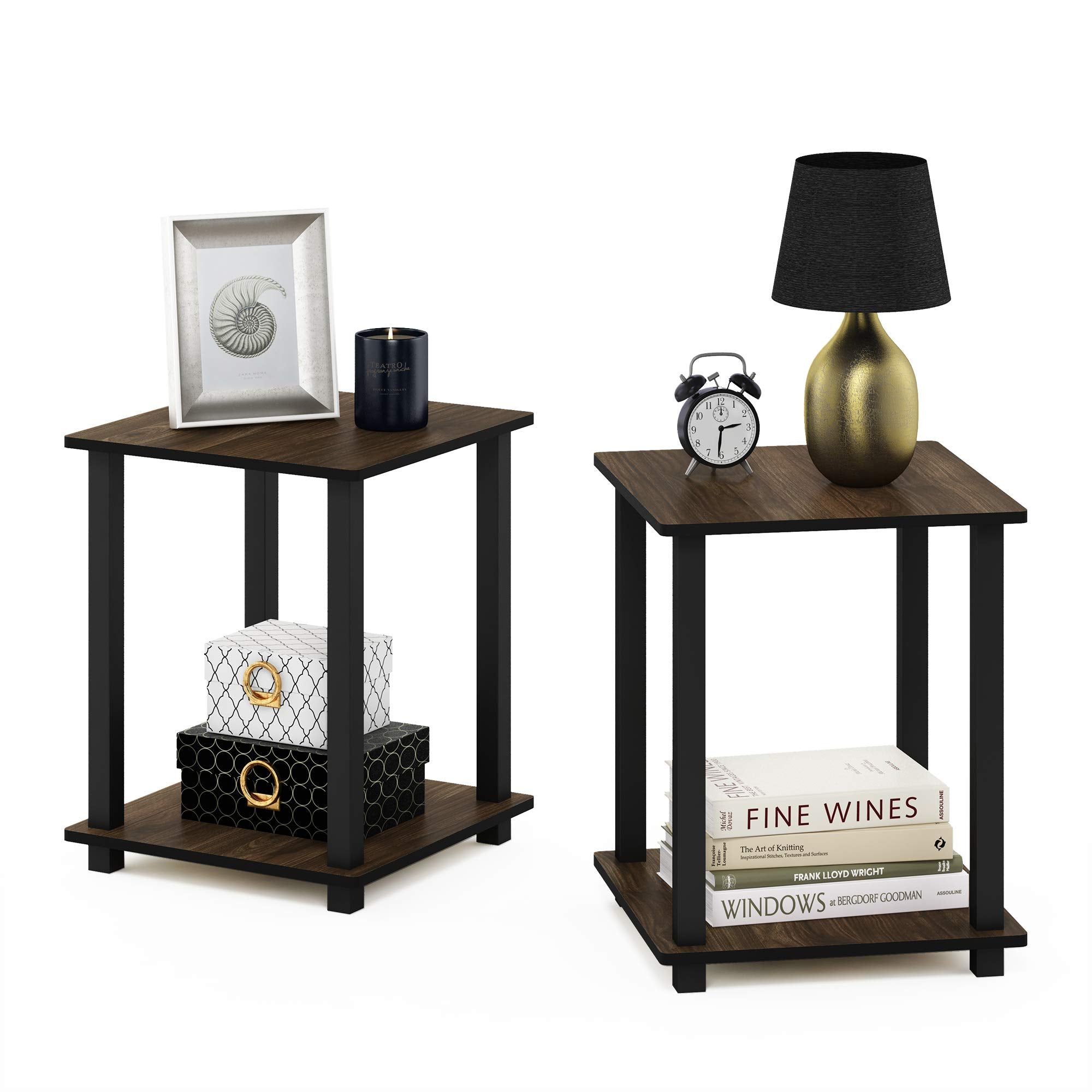 Furinno SIMPLISTIC Side Table Set of 2, 2-Tier Square Modern End Table, Nightstand, Night Stand, Bedside Table, Toolless Assembly, for Living Room, Bedroom, Espresso