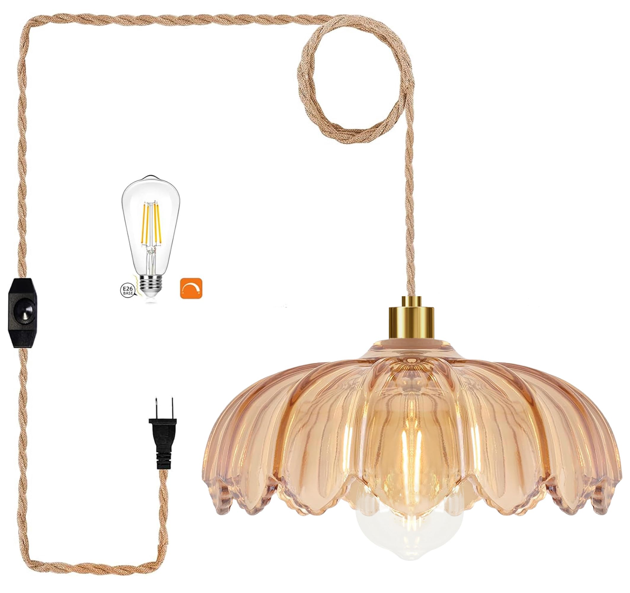 Pink Plug in Pendant Light Glass Hanging Lights with Plug in Cord Boho Hanging Lamp Gold Mid Century Modern Vintage Dimmable Flower Plug in Chandelier Ceiling Fixture for Living Room,Bedroom