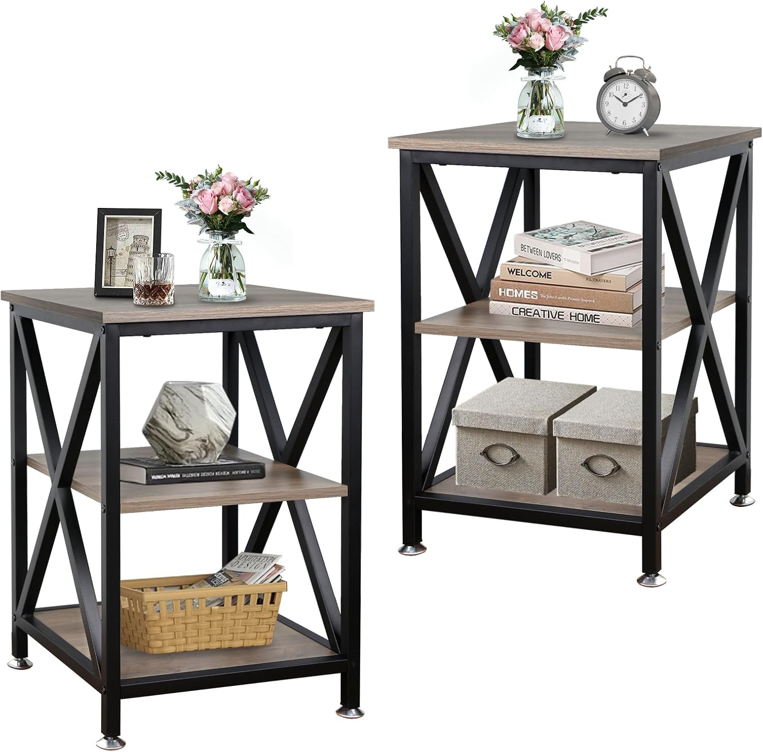 End Tables Living Room Set of 2, 16" D x 16" W x 24" H, Indoor End Tables Living Room with Storage Shelf, Square End Table Set of 2, X-Shaped Night Stands for Bedroom, Farmhouse Wood Side Tables