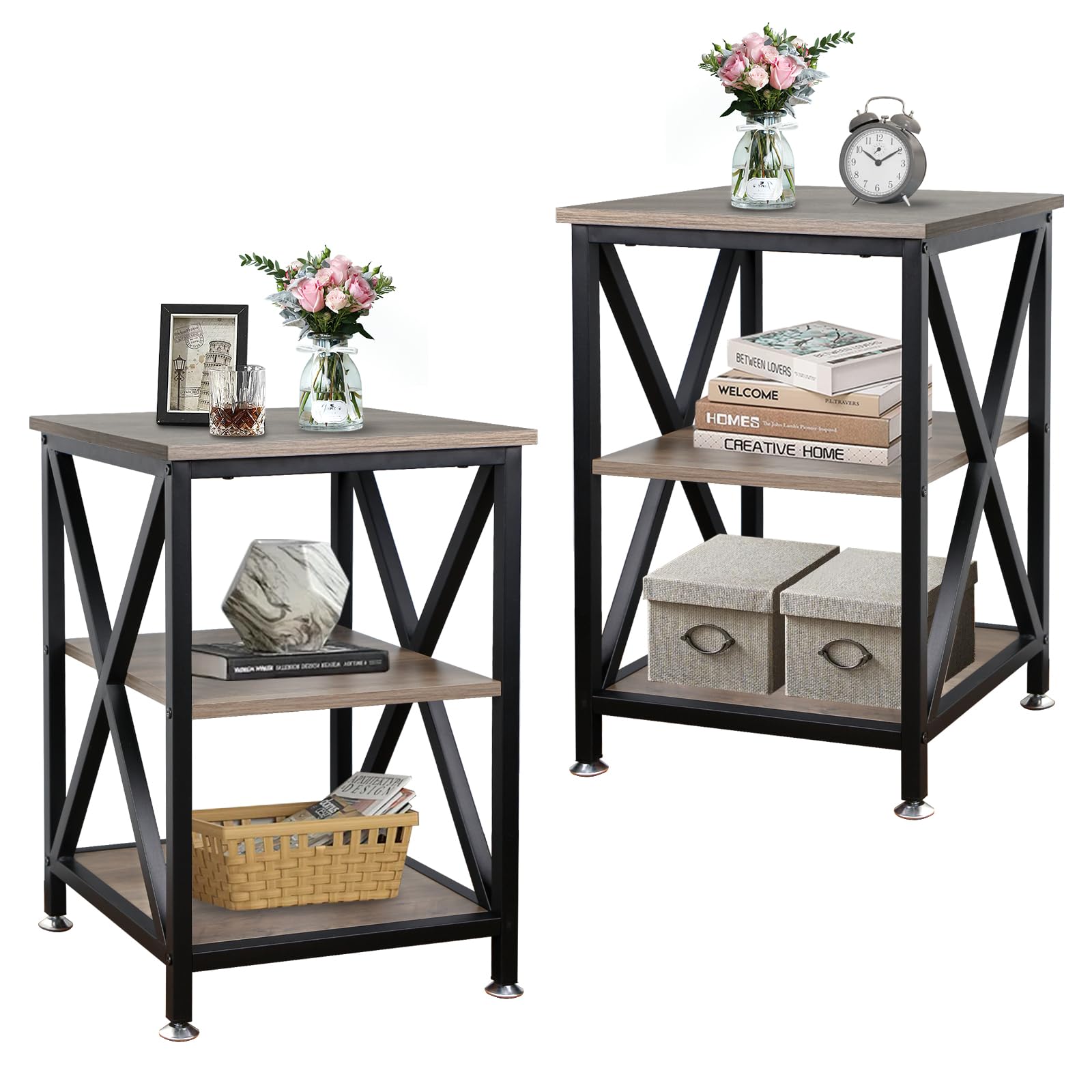 End Tables Living Room Set of 2, 16" D x 16" W x 24" H, Indoor End Tables Living Room with Storage Shelf, Square End Table Set of 2, X-Shaped Night Stands for Bedroom, Farmhouse Wood Side Tables