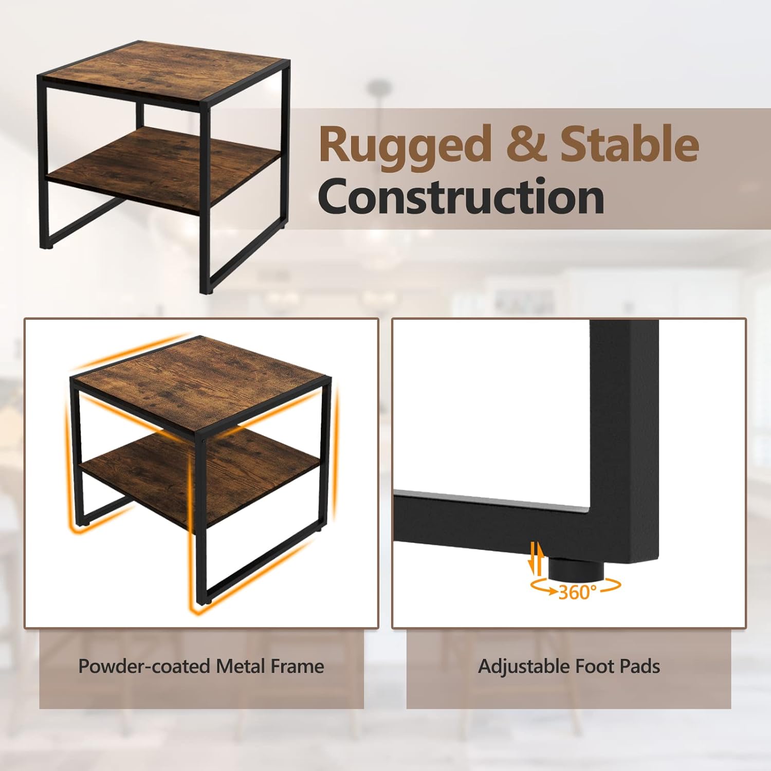 GOFLAME Square End Table Set of 2, 2-Tier Sofa Side Table with Open Shelf, Metal Frame, Industrial Tea Table, Compact Nightstand for Small Space, Bedside Table for Living Room, Bedroom, Rustic Brown