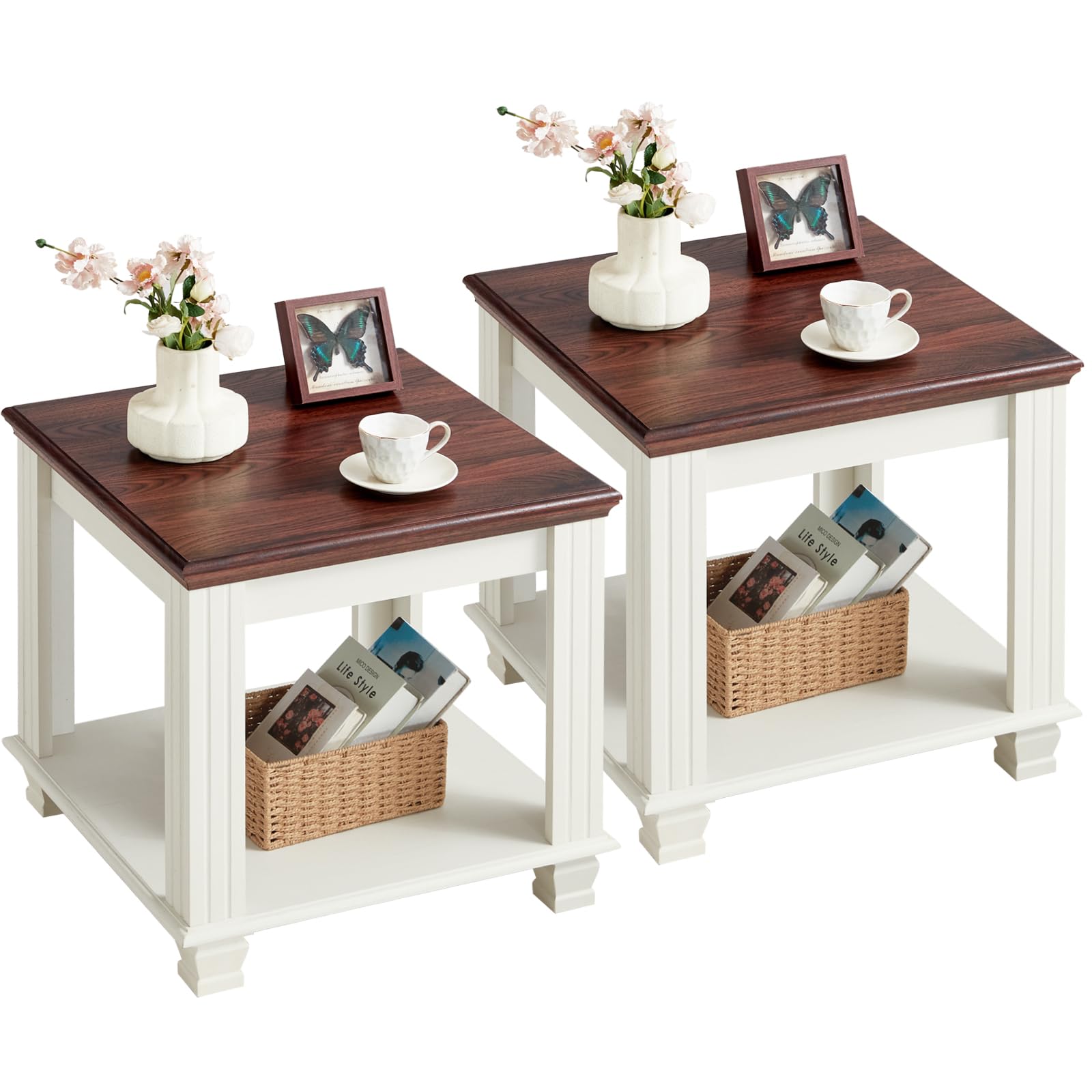 Farmhouse End Table Set of 2,Large Side Table with 2-Tier Storage Shelf,Rustic Wood End Tables for Living Room,Square Tea Table, Black