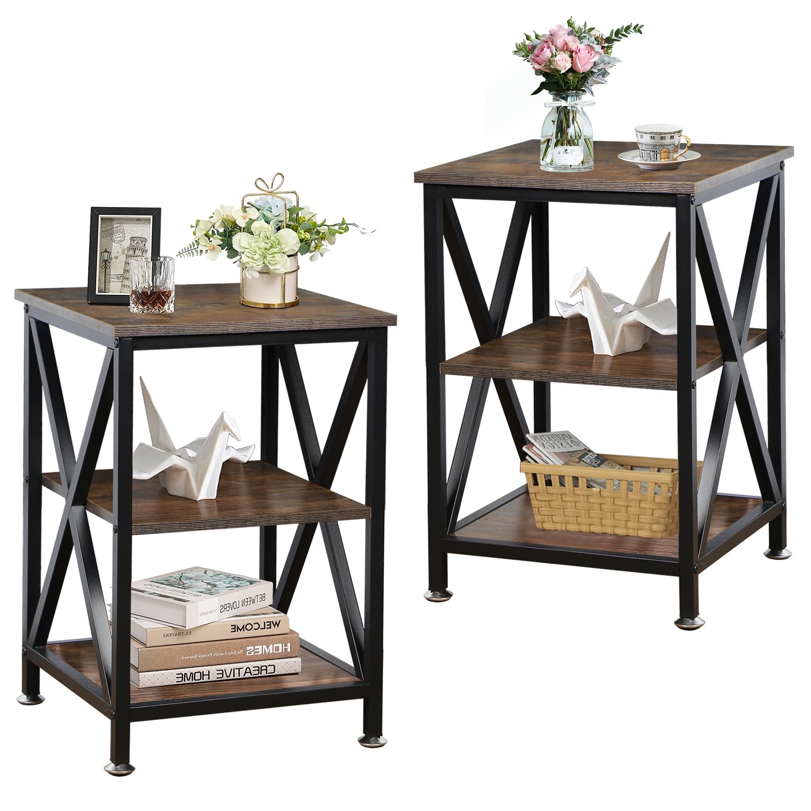 End Tables Living Room Set of 2, 16" D x 16" W x 24" H, Indoor End Tables Living Room with Storage Shelf, Square End Table Set of 2, X-Shaped Night Stands for Bedroom, Farmhouse Wood Side Tables