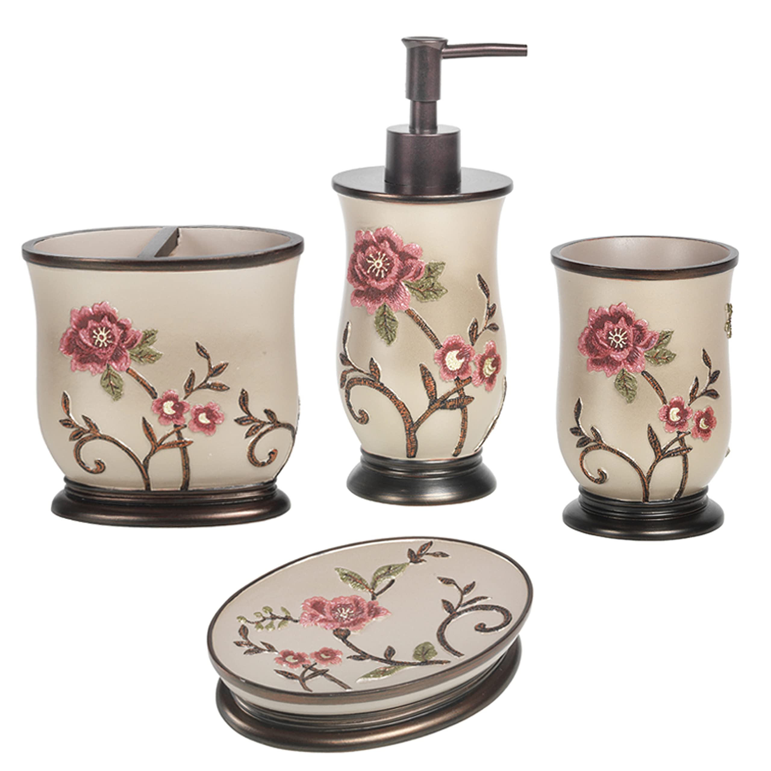 Zahari Home Rose Vine Bathroom Towel Set - 3 Piece Towel Set in Beige - Modern Decor, Unique Design