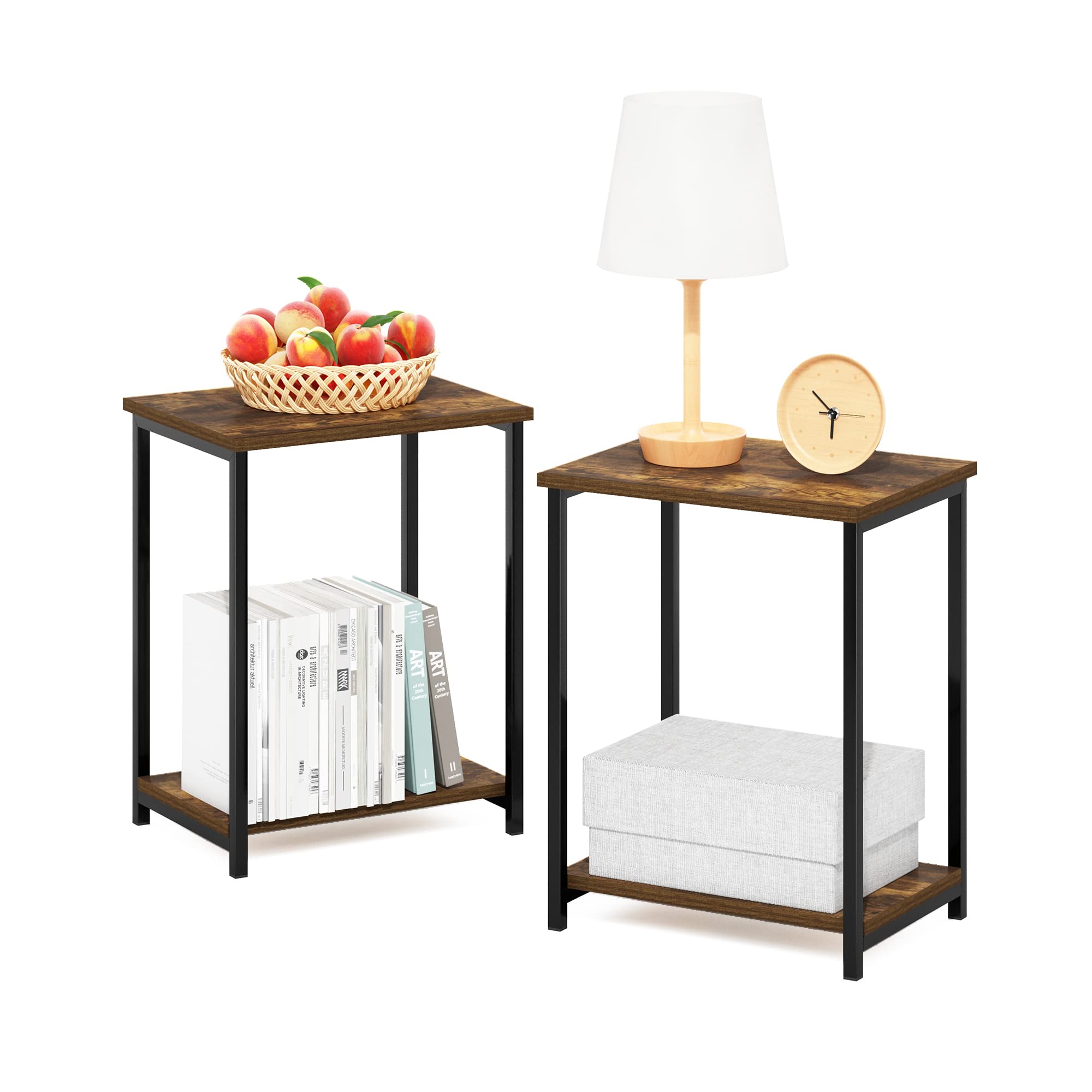 Furinno SIMPLISTIC Side Table Set of 2, 2-Tier Square Modern End Table, Nightstand, Night Stand, Bedside Table, Toolless Assembly, for Living Room, Bedroom, Espresso