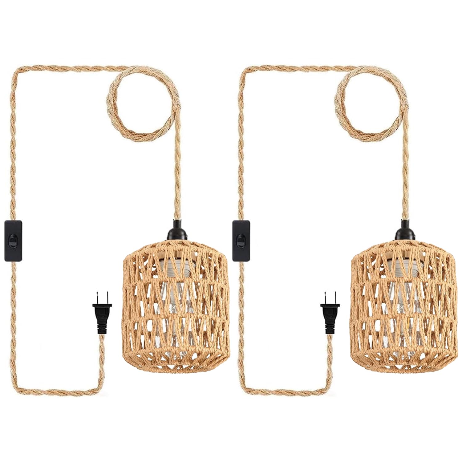 Plug in Pendant Light, Industrial Hanging Light with Plug in Cord Hemp Rope On/Off Switch Farmhouse Pendant Lamp with Plug in Cord, Vintage Hanging Lamps for Dining Room