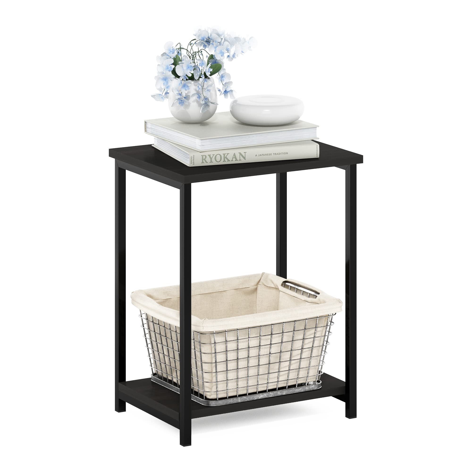 Furinno SIMPLISTIC Side Table Set of 2, 2-Tier Square Modern End Table, Nightstand, Night Stand, Bedside Table, Toolless Assembly, for Living Room, Bedroom, Espresso
