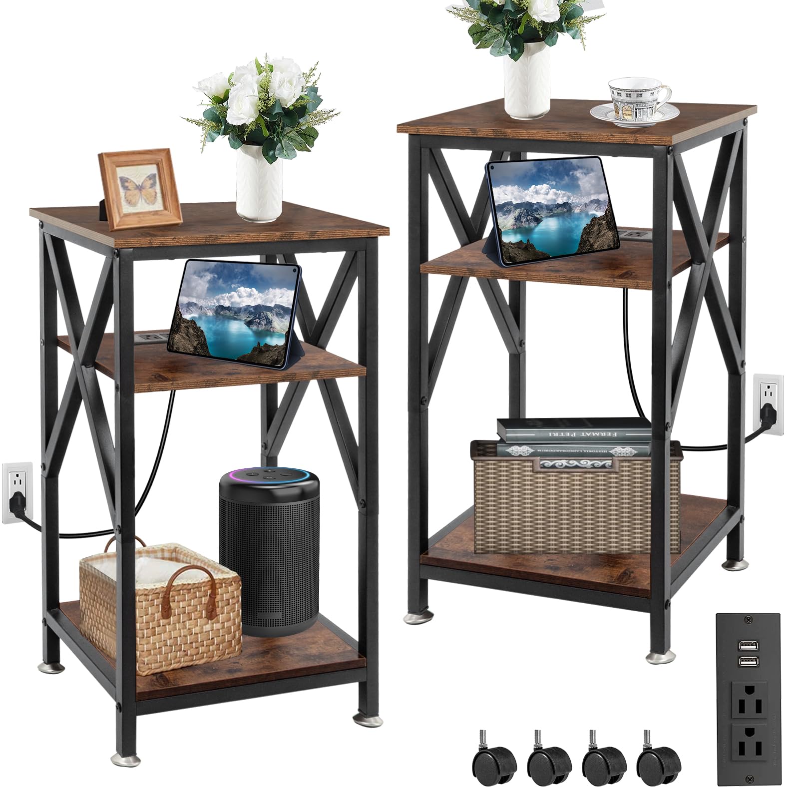 End Tables Living Room Set of 2, 16" D x 16" W x 24" H, Indoor End Tables Living Room with Storage Shelf, Square End Table Set of 2, X-Shaped Night Stands for Bedroom, Farmhouse Wood Side Tables