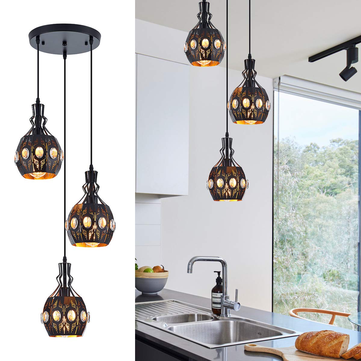 YLONG-ZS Hanging Lamp Swag Lights Plug in Pendant Light,Hanging Lights with Plug in Cord Small Black Vintage Rustic Dimmable Hanging Ceiling Lamp for Corner Restaurant Living Room Bedroom