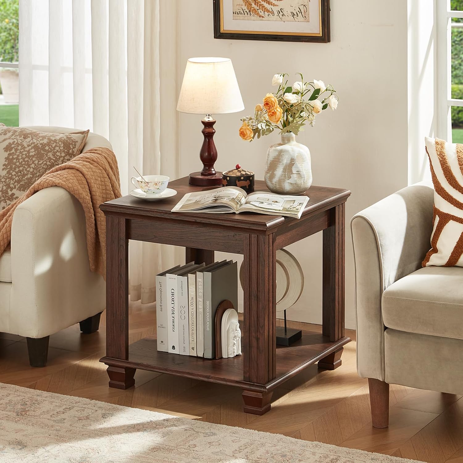 Farmhouse End Table Set of 2,Large Side Table with 2-Tier Storage Shelf,Rustic Brown End Tables for Living Room,Square Tea Table,Walnut
