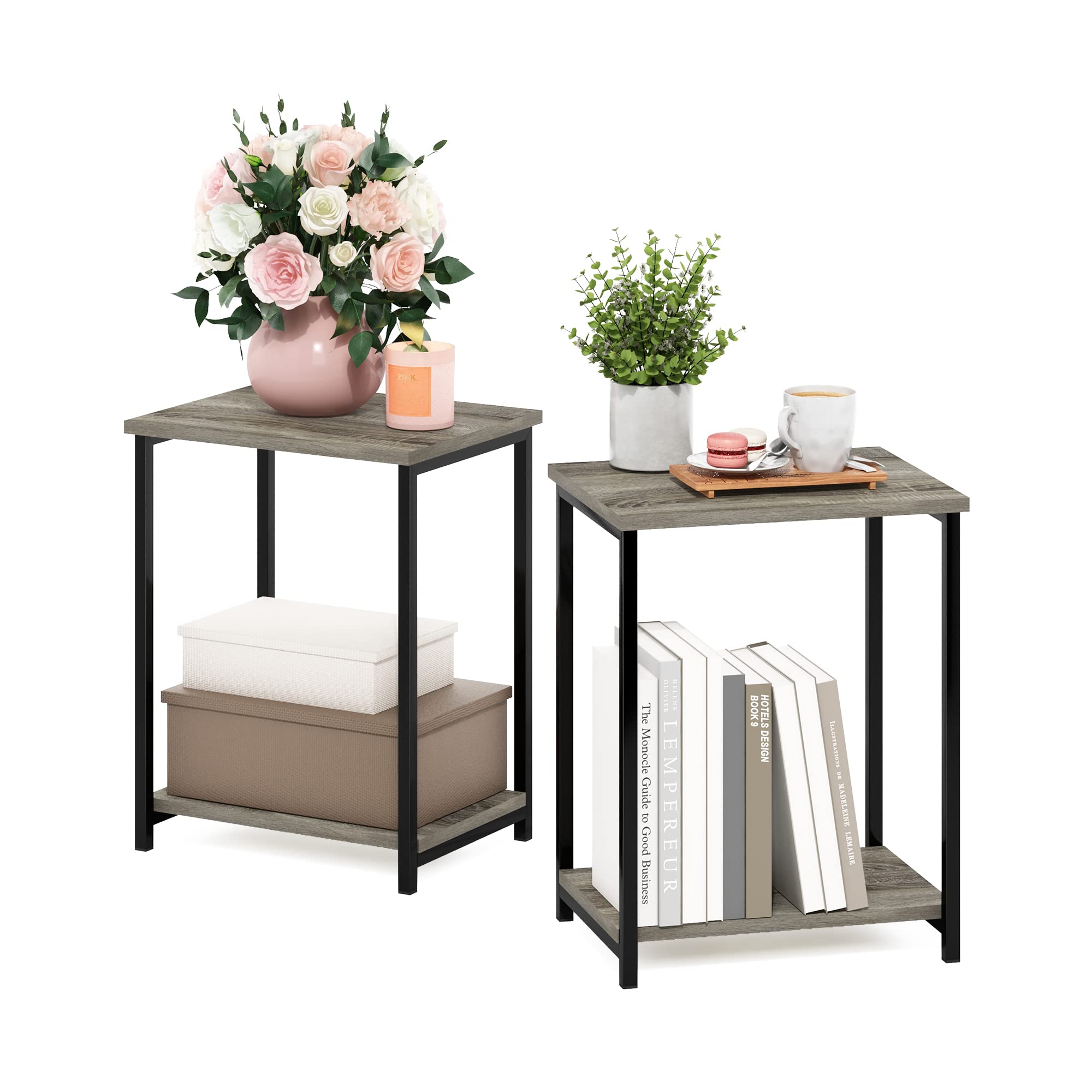 Furinno SIMPLISTIC Side Table Set of 2, 2-Tier Square Modern End Table, Nightstand, Night Stand, Bedside Table, Toolless Assembly, for Living Room, Bedroom, Espresso