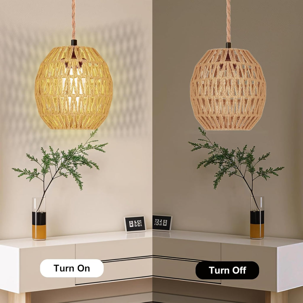 Hanging Lamps Rattan Pendant Light Hanging Lights 16.4ft Plug in Cord Pendant Light Fixture Plug Into Wall Outlet Pendant Lighting with On Off Switch for Bedroom Living (Egg Shade)