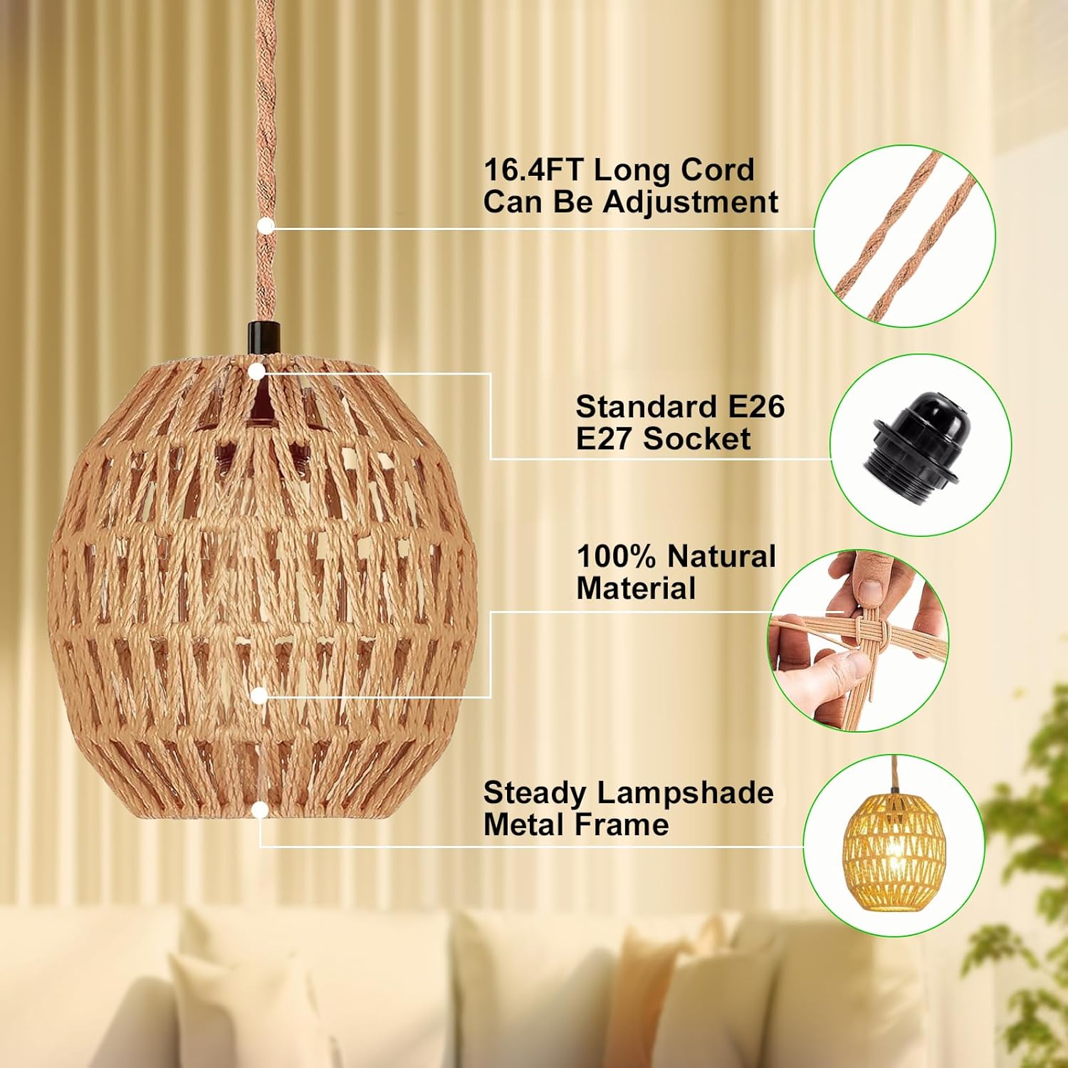 Hanging Lamps Rattan Pendant Light Hanging Lights 16.4ft Plug in Cord Pendant Light Fixture Plug Into Wall Outlet Pendant Lighting with On Off Switch for Bedroom Living (Egg Shade)