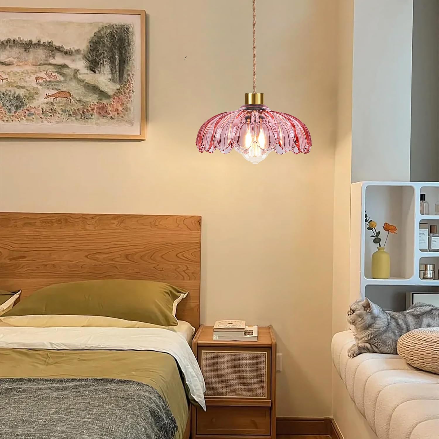 Pink Plug in Pendant Light Glass Hanging Lights with Plug in Cord Boho Hanging Lamp Gold Mid Century Modern Vintage Dimmable Flower Plug in Chandelier Ceiling Fixture for Living Room,Bedroom