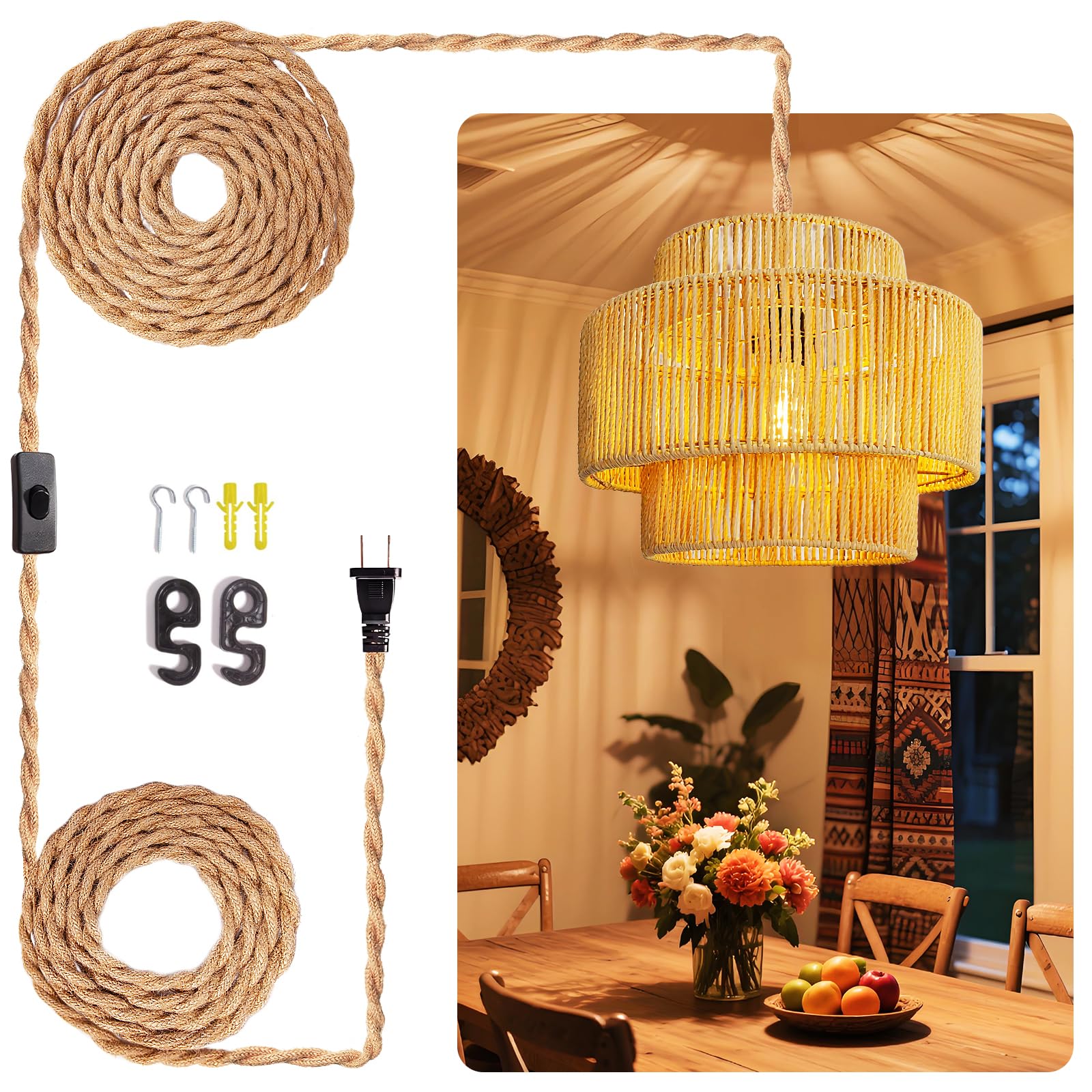 Hanging Lamps Rattan Pendant Light Hanging Lights 16.4ft Plug in Cord Pendant Light Fixture Plug Into Wall Outlet Pendant Lighting with On Off Switch for Bedroom Living (Egg Shade)