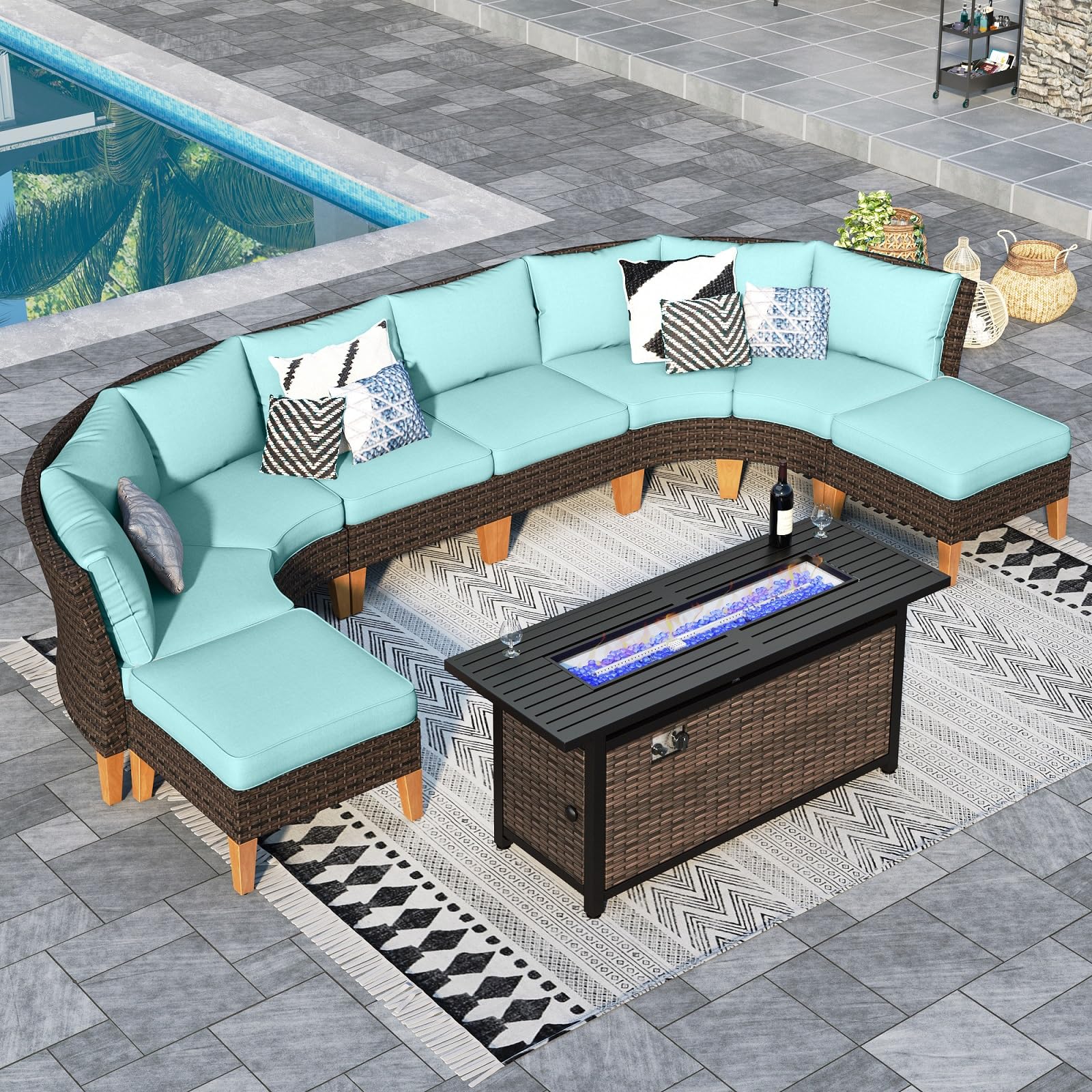 Sophia & William Half Moon Patio Furniture Set 7 Piece Outdoor Sectional Sofa Set, Wicker Patio Conversation Set with 2 Curved Sofa, 1 Armless Chairs, 2 Ottoman for Pool, Deck, Lawn (Beige)