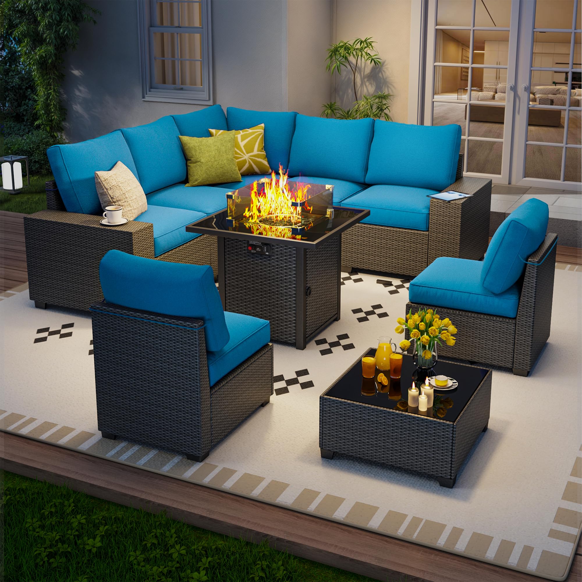 7 Piece Outdoor Patio Furniture Set, Outdoor Sectional Furniture, Rattan & Wicker Modern Modular Conversation Set Sectional Sofa W/Water Resistant Washable Thick Cushions and Coffee Table, Brown/Beige