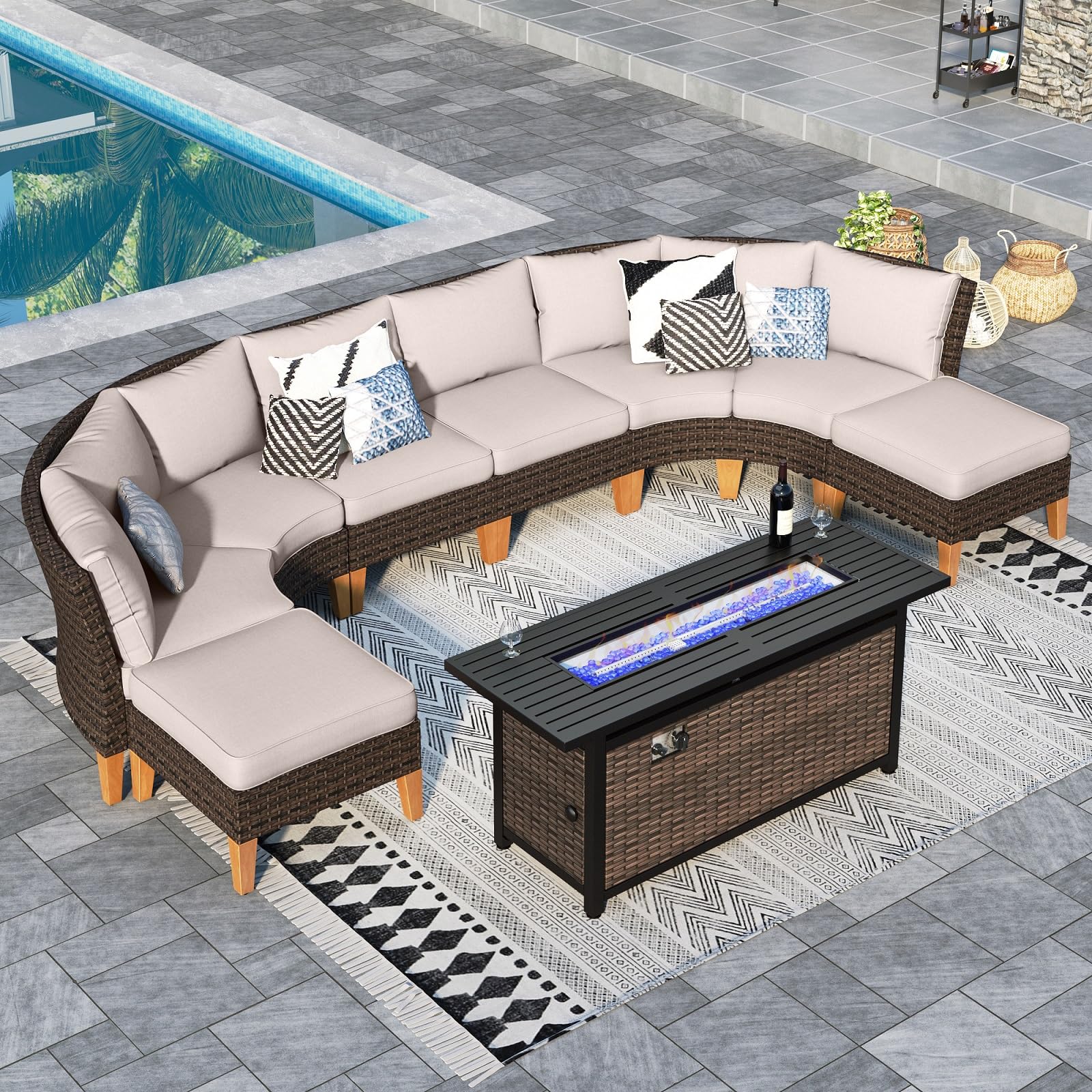 Sophia & William Half Moon Patio Furniture Set 7 Piece Outdoor Sectional Sofa Set, Wicker Patio Conversation Set with 2 Curved Sofa, 1 Armless Chairs, 2 Ottoman for Pool, Deck, Lawn (Beige)