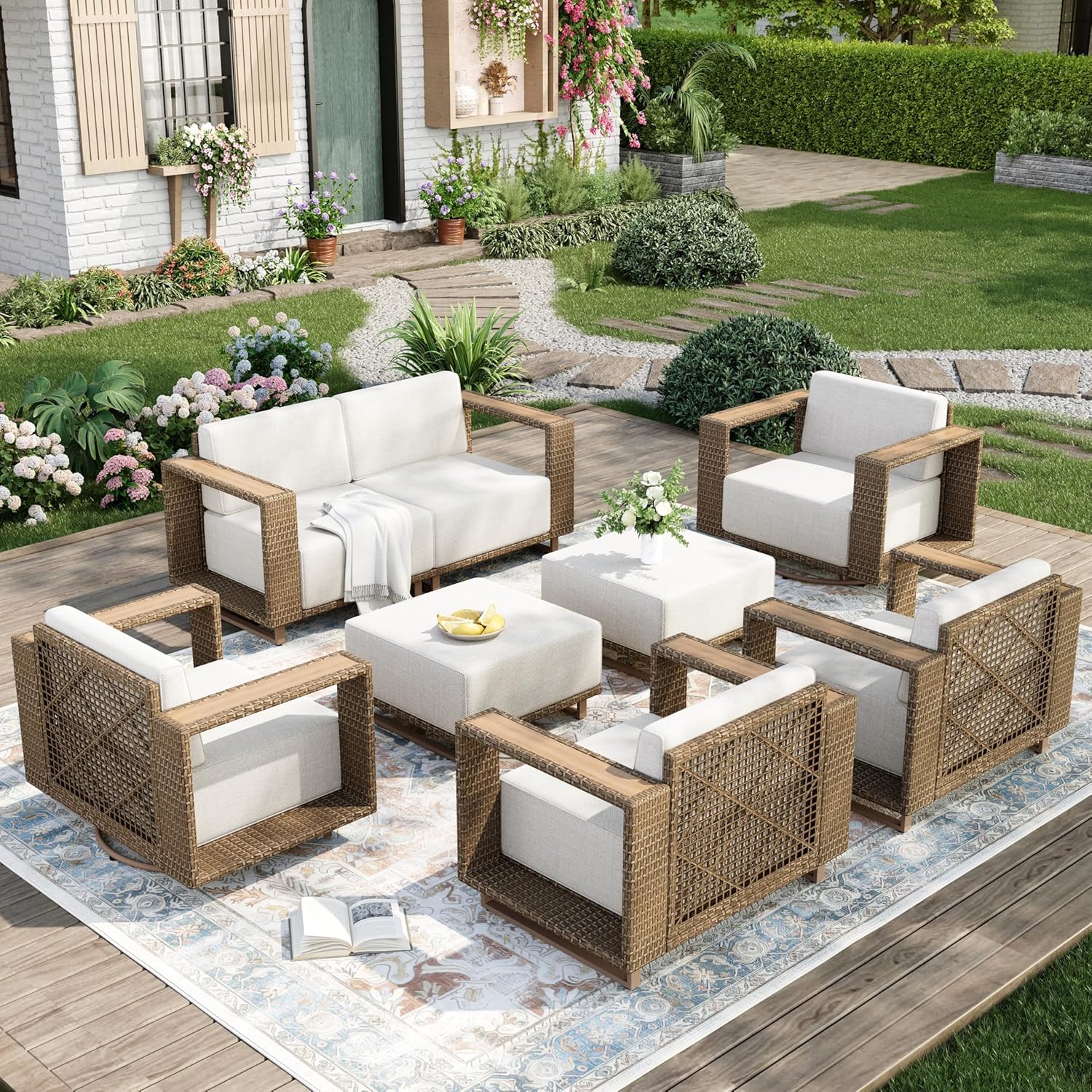 Patio Sectional Furniture Set, 6 Piece Outdoor Wicker Sofa Couch Set, Yellow Rattan Modular Outdoor Conversation Sets with 10" Extra Thick Cushions, Low Profile Lawn Deck Garden Furniture