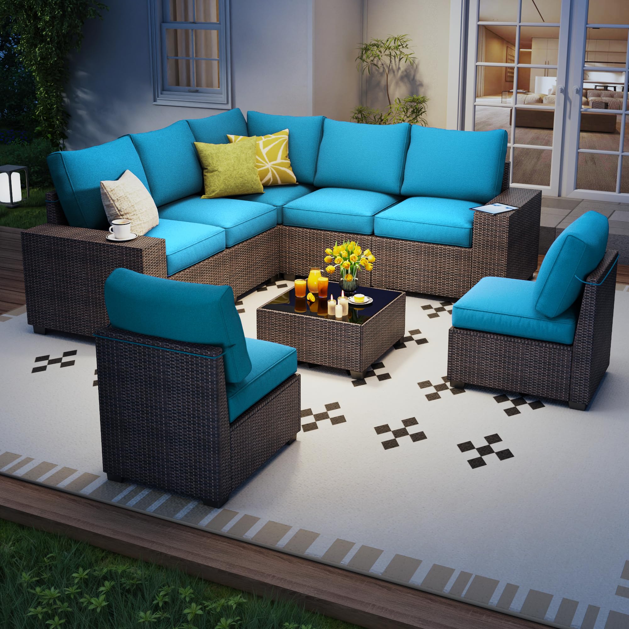 7 Piece Outdoor Patio Furniture Set, Outdoor Sectional Furniture, Rattan & Wicker Modern Modular Conversation Set Sectional Sofa W/Water Resistant Washable Thick Cushions and Coffee Table, Brown/Beige