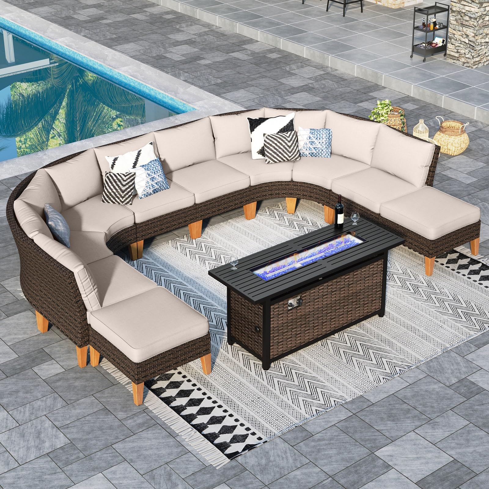 Sophia & William Half Moon Patio Furniture Set 7 Piece Outdoor Sectional Sofa Set, Wicker Patio Conversation Set with 2 Curved Sofa, 1 Armless Chairs, 2 Ottoman for Pool, Deck, Lawn (Beige)