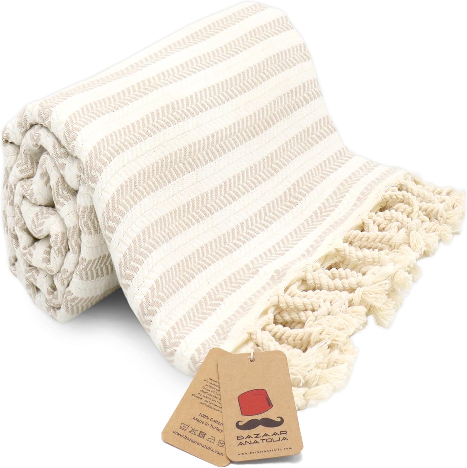 Bazaar Anatolia Turkish Bath Towel – 100% Cotton, Quick Dry Boho Farmhouse Decor, Autumn Throw Blanket for Bathroom – Oversized 71x39 Inches – Arpa Beige