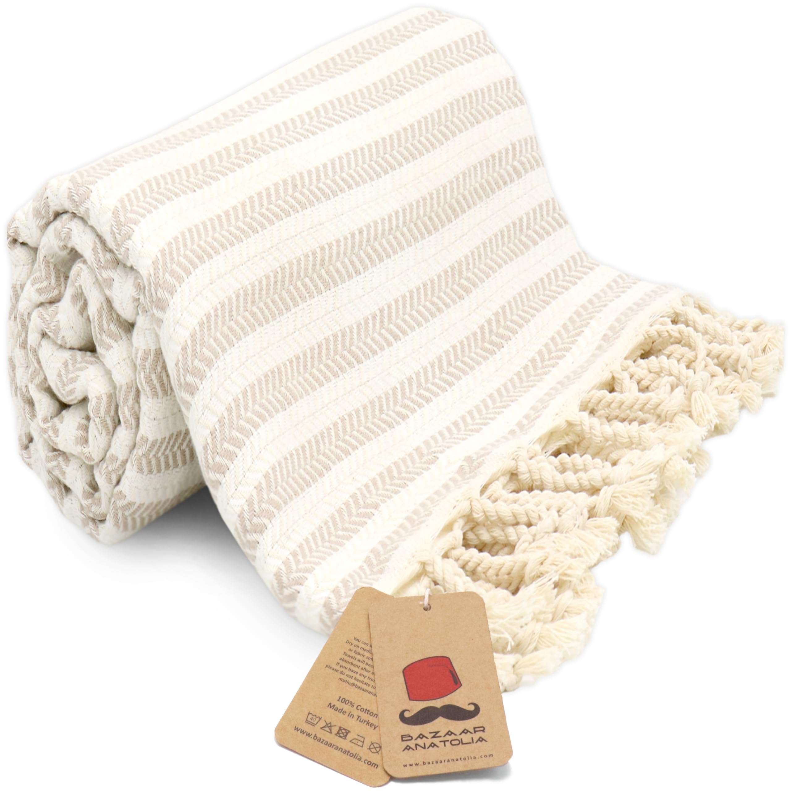 Bazaar Anatolia Turkish Bath Towel – 100% Cotton, Quick Dry Boho Farmhouse Decor, Autumn Throw Blanket for Bathroom – Oversized 71x39 Inches – Arpa Beige
