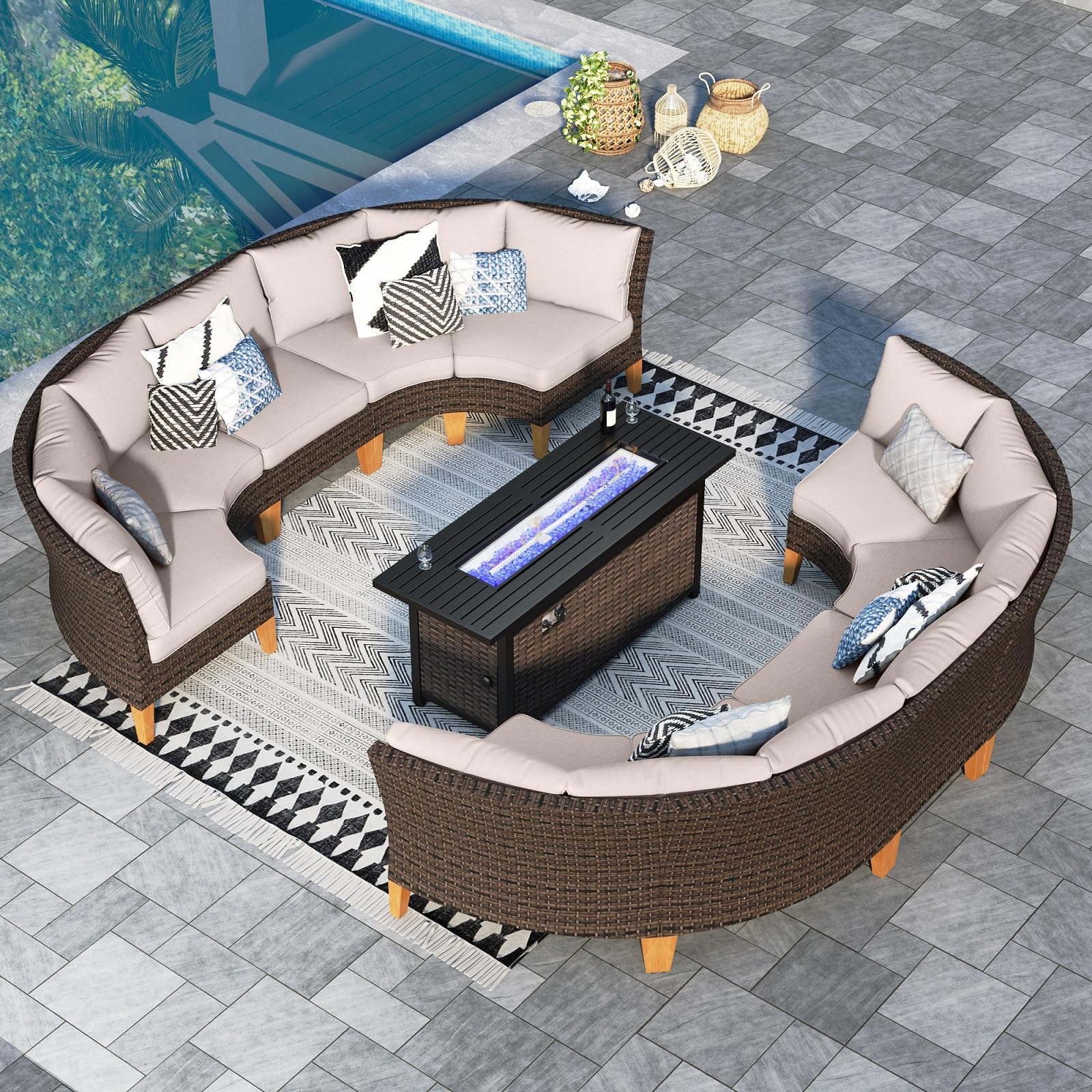 Sophia & William Half Moon Patio Furniture Set 7 Piece Outdoor Sectional Sofa Set, Wicker Patio Conversation Set with 2 Curved Sofa, 1 Armless Chairs, 2 Ottoman for Pool, Deck, Lawn (Beige)